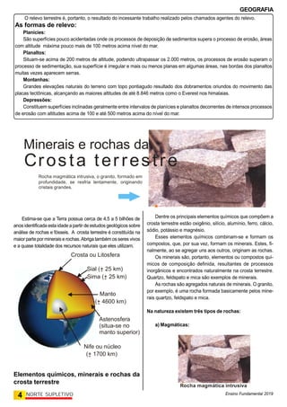 GEOGRAFIA
Ensino Fundamental 2019
4 NORTE SUPLETIVO
O relevo terrestre é, portanto, o resultado do incessante trabalho realizado pelos chamados agentes do relevo.
As formas de relevo:
Planícies:
São superfícies pouco acidentadas onde os processos de deposição de sedimentos supera o processo de erosão, áreas
com altitude máxima pouco mais de 100 metros acima nível do mar.
Planaltos:
Situam-se acima de 200 metros de altitude, podendo ultrapassar os 2.000 metros, os processos de erosão superam o
processo de sedimentação, sua superfície é irregular e mais ou menos planas em algumas áreas, nas bordas dos planaltos
muitas vezes aparecem serras.
Montanhas:
Grandes elevações naturais do terreno com topo pontiagudo resultado dos dobramentos oriundos do movimento das
placas tectônicas, alcançando as maiores altitudes de até 8.846 metros como o Everest nos himalaias.
Depressões:
Constituem superfícies inclinadas geralmente entre intervalos de planícies e planaltos decorrentes de intensos processos
de erosão com altitudes acima de 100 e até 500 metros acima do nível do mar.
Rocha magmática intrusiva, o granito, formado em
profundidade, se resfria lentamente, originando
cristais grandes.
Minerais e rochas da
Crosta terrestre
Estima-se que a Terra possua cerca de 4,5 a 5 bilhões de
anos identificada esta idade a partir de estudos geológicos sobre
análise de rochas e fósseis. A crosta terrestre é constituída na
maior partepor minerais e rochas.Abriga também osseres vivos
e a quase totalidade dos recursos naturais que eles utilizam.
Elementos químicos, minerais e rochas da
crosta terrestre
Dentre os principais elementos químicos que compõem a
crosta terrestre estão oxigênio, silício, alumínio, ferro, cálcio,
sódio, potássio e magnésio.
Esses elementos químicos combinam-se e formam os
compostos, que, por sua vez, formam os minerais. Estes, fi-
nalmente, ao se agregar uns aos outros, originam as rochas.
Os minerais são, portanto, elementos ou compostos quí-
micos de composição definida, resultantes de processos
inorgânicos e encontrados naturalmente na crosta terrestre.
Quartzo, feldspato e mica são exemplos de minerais.
As rochas são agregados naturais de minerais. O granito,
por exemplo, é uma rocha formada basicamente pelos mine-
rais quartzo, feldspato e mica.
Na natureza existem três tipos de rochas:
a) Magmáticas:
Rocha magmática intrusiva
Crosta ou Litosfera
Astenosfera
(situa-se no
manto superior)
Sial (+ 25 km)
Manto
(+ 4600 km)
Sima (+ 25 km)
-
-
-
Nife ou núcleo
(+ 1700 km)
-
 