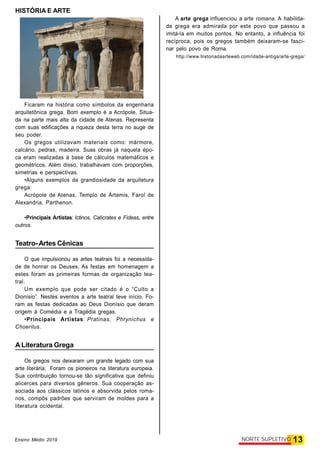 HISTÓRIA E ARTE
13NORTE SUPLETIVOEnsino Médio 2019
Ficaram na história como símbolos da engenharia
arquitetônica grega. Bom exemplo é a Acrópole. Situa-
da na parte mais alta da cidade de Atenas. Representa
com suas edificações a riqueza desta terra no auge de
seu poder.
Os gregos utilizavam materiais como: mármore,
calcário, pedras, madeira. Suas obras já naquela épo-
ca eram realizadas à base de cálculos matemáticos e
geométricos. Além disso, trabalhavam com proporções,
simetrias e perspectivas.
•Alguns exemplos da grandiosidade da arquitetura
grega:
Acrópole de Atenas, Templo de Ártemis, Farol de
Alexandria, Parthenon.
•Principais Artistas: Ictinos, Calícrates e Fídeas, entre
outros.
Teatro-Artes Cênicas
O que impulsionou as artes teatrais foi a necessida-
de de honrar os Deuses. As festas em homenagem a
estes foram as primeiras formas de organização tea-
tral.
Um exemplo que pode ser citado é o “Culto a
Dionísio”. Nestes eventos a arte teatral teve início. Fo-
ram as festas dedicadas ao Deus Dionísio que deram
origem à Comédia e a Tragédia gregas.
•Principais Artistas: Pratinas, Phrynichus e
Choerilus.
ALiteratura Grega
Os gregos nos deixaram um grande legado com sua
arte literária.  Foram os pioneiros na literatura europeia.
Sua contribuição tornou-se tão significativa que definiu
alicerces para diversos gêneros. Sua cooperação as-
sociada aos clássicos latinos e absorvida pelos roma-
nos, compôs padrões que serviram de moldes para a
literatura ocidental.
A arte grega influenciou a arte romana. A habilida-
de grega era admirada por este povo que passou a
imitá-la em muitos pontos. No entanto, a influência foi
recíproca, pois os gregos também deixaram-se fasci-
nar pelo povo de Roma.
http://www.historiadaarteweb.com/idade-antiga/arte-grega/
 