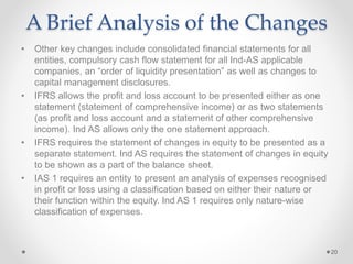 A Brief Analysis of the Changes
• Other key changes include consolidated financial statements for all
entities, compulsory cash flow statement for all Ind-AS applicable
companies, an “order of liquidity presentation” as well as changes to
capital management disclosures.
• IFRS allows the profit and loss account to be presented either as one
statement (statement of comprehensive income) or as two statements
(as profit and loss account and a statement of other comprehensive
income). Ind AS allows only the one statement approach.
• IFRS requires the statement of changes in equity to be presented as a
separate statement. Ind AS requires the statement of changes in equity
to be shown as a part of the balance sheet.
• IAS 1 requires an entity to present an analysis of expenses recognised
in profit or loss using a classification based on either their nature or
their function within the equity. Ind AS 1 requires only nature-wise
classification of expenses.
20
 