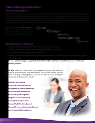 Economics
Strategy
Compliance
Operations
Finance/ Reporting
Financial Management Solutions
Overview and Background
The demands of financial management in today’s global business organizations are quite challenging. Organizations struggle
with translating their business strategy into operational performance. The gap between strategy and performance results
in business challenges that require management’s attention. This gap usually results from the lack of a comprehensive
management strategy and approach that addresses all of the elements necessary to evaluate financial performance. We
have developed our own business model that consists of the following elements:
Global Risq offers our clients financial management solutions that minimizes
the financial and operational risks of the finance function. Our business solutions
promotes leveraging technology-based solutions to improve and/or re-engineer
financial processes. Our solutions include:
•	 Budgeting & Forecasting
•	 Financial Accounting & Reporting
•	 Management Accounting & Reporting
•	 Financial Process Improvement
•	 Financial Project Management
•	 Mergers & Acquisitions Support
•	 Internal Controls Optimization
•	 Financial Audit Readiness Support
•	 Financial Systems Implementation Support
•	 Cost Reduction Initiatives Support
We call our approach the SCORE Model.
We use this approach to evaluate
our client’s financial and operating
performanceandtocustomizesolutions.
What Is Your Business Challenge?
•	 Does your financial organization lack effective Key Performance Indicators?
•	 Does your Financial Management and Planning Function require automation?
•	 Do you need to implement Cost Reduction measures?
•	 Does your management reporting have data integrity challenges? Or alternatively, does the management reporting
lack transparency?
•	 Do you need to reduce your budget cycle time and/or need to implement financial forecasts into your financial
planning process?
 