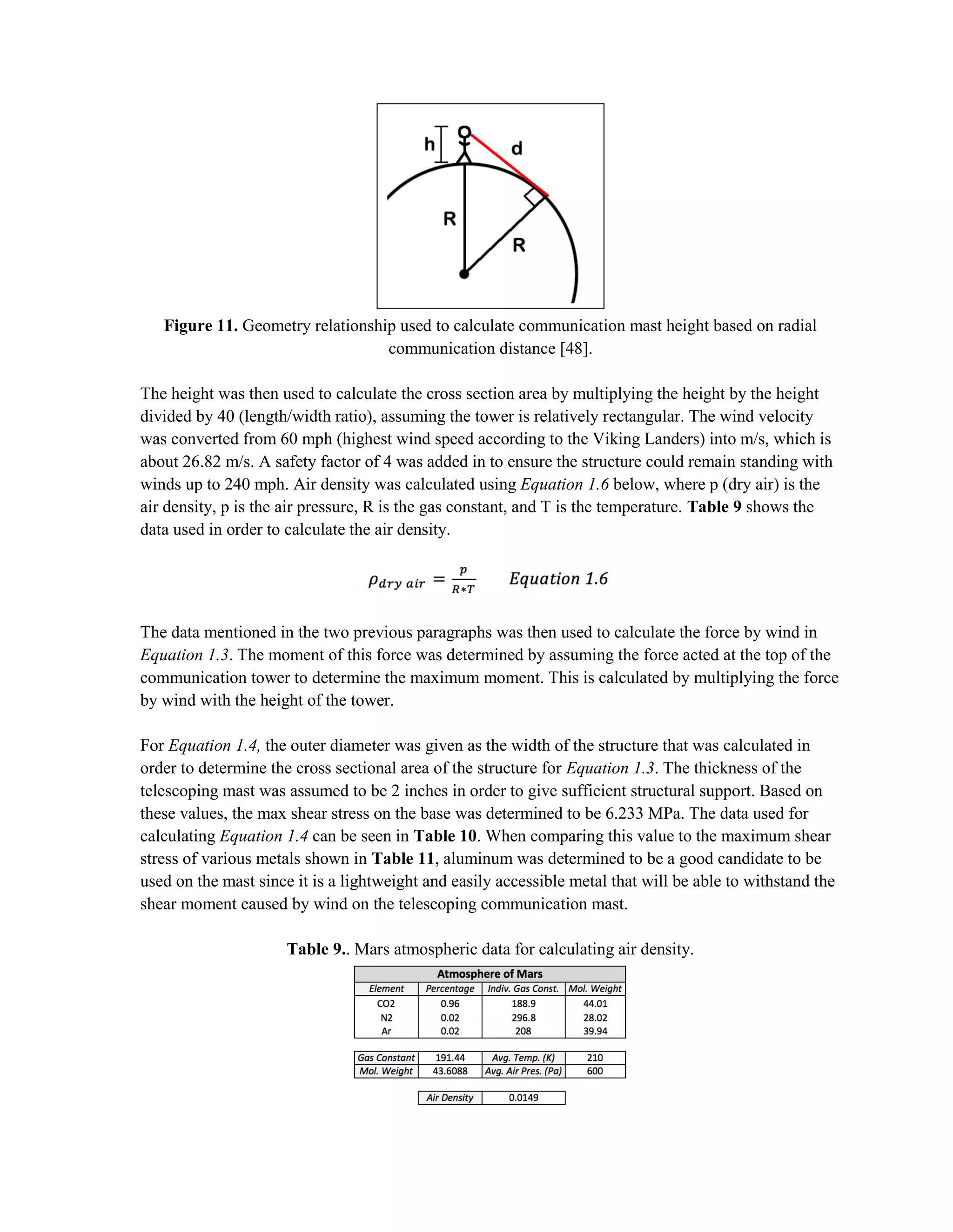 Figure 11. Geometry relationship used to calculate communication mast height based on radial
communication distance [48].
The height was then used to calculate the cross section area by multiplying the height by the height
divided by 40 (length/width ratio), assuming the tower is relatively rectangular. The wind velocity
was converted from 60 mph (highest wind speed according to the Viking Landers) into m/s, which is
about 26.82 m/s. A safety factor of 4 was added in to ensure the structure could remain standing with
winds up to 240 mph. Air density was calculated using Equation 1.6 below, where p (dry air) is the
air density, p is the air pressure, R is the gas constant, and T is the temperature. Table 9 shows the
data used in order to calculate the air density.
The data mentioned in the two previous paragraphs was then used to calculate the force by wind in
Equation 1.3. The moment of this force was determined by assuming the force acted at the top of the
communication tower to determine the maximum moment. This is calculated by multiplying the force
by wind with the height of the tower.
For Equation 1.4, the outer diameter was given as the width of the structure that was calculated in
order to determine the cross sectional area of the structure for Equation 1.3. The thickness of the
telescoping mast was assumed to be 2 inches in order to give sufficient structural support. Based on
these values, the max shear stress on the base was determined to be 6.233 MPa. The data used for
calculating Equation 1.4 can be seen in Table 10. When comparing this value to the maximum shear
stress of various metals shown in Table 11, aluminum was determined to be a good candidate to be
used on the mast since it is a lightweight and easily accessible metal that will be able to withstand the
shear moment caused by wind on the telescoping communication mast.
Table 9.. Mars atmospheric data for calculating air density.
 