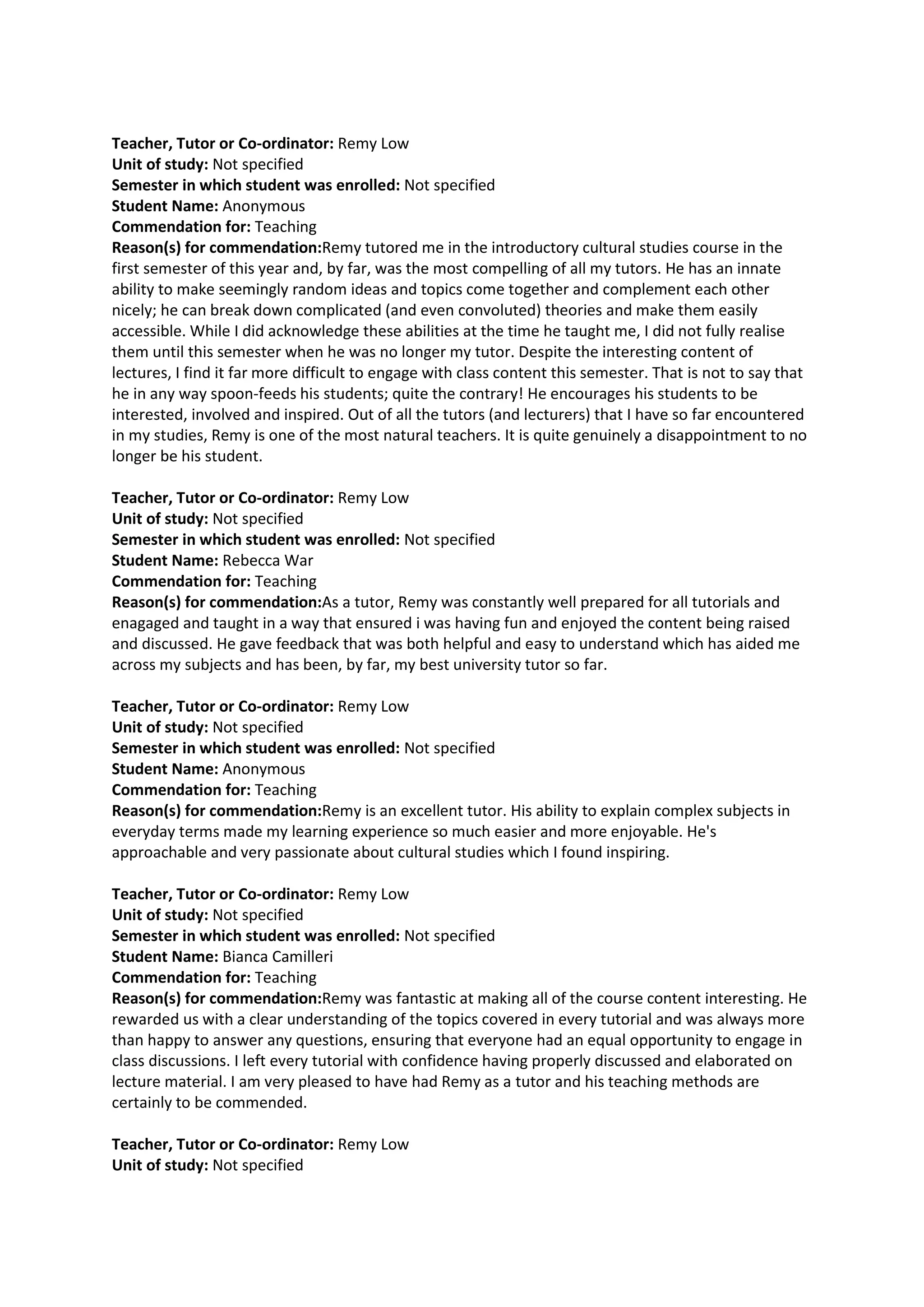 Teaching Commendations 2011 | PDF