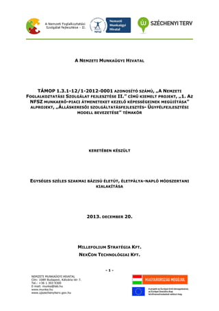 - 1 -
A NEMZETI MUNKAÜGYI HIVATAL
TÁMOP 1.3.1-12/1-2012-0001 AZONOSÍTÓ SZÁMÚ, „A NEMZETI
FOGLALKOZTATÁSI SZOLGÁLAT FEJLESZTÉSE II.” CÍMŰ KIEMELT PROJEKT, „1. AZ
NFSZ MUNKAERŐ-PIACI ÁTMENETEKET KEZELŐ KÉPESSÉGEINEK MEGÚJÍTÁSA”
ALPROJEKT, „ÁLLÁSKERESŐI SZOLGÁLTATÁSFEJLESZTÉS- ÜGYFÉLFEJLESZTÉSI
MODELL BEVEZETÉSE” TÉMAKÖR
KERETÉBEN KÉSZÜLT
EGYSÉGES SZÉLES SZAKMAI BÁZISÚ ÉLETÚT, ÉLETPÁLYA-NAPLÓ MÓDSZERTANI
KIALAKÍTÁSA
2013. DECEMBER 20.
MILLEFOLIUM STRATÉGIA KFT.
NEXCON TECHNOLÓGIAI KFT.
 