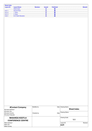 GSPublisherEngine 0.7.100.100
Modified by
Checked by
Drawing Name
Sheet Index
MASUNGA KGOTLA
CONFERENCE CENTRE
#Site Address1
#Site City
#Site Country
#Site Postcode
Drawing Status
Drawing Scale
1:1
Layout ID
A.01
Revision
Date
Date
#Contact Company
#Contact Address1
#Contact City
#Contact Country
#Contact Postcode
Sheet Index
Layout ID
A.01.1
A.01.2
A.01.3
A.02.1
Layout Name
Sheet Index
Ground Floor
1. Story
2. Story
E-01 North Elevation
Revision Issued Published Remark
 