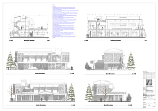 GSPublisherEngine 0.7.100.100
Modified by
Checked by
Drawing Name
North Elevation, East Elevation,
South Elevation, West
Elevation, Building Section
MASUNGA KGOTLA
CONFERENCE CENTRE
#Site Address1
#Site City
#Site Country
#Site Postcode
Drawing Status
Drawing Scale
1:100
Layout ID
A.01.2
Revision
Date
Date
RevID ChID Change Name Date
Company Title
Revision History
#Contact Company
#Contact Address1
#Contact City
#Contact Country
#Contact Postcode
0,002 0,299 3,891 0,300 4,677 0,150 0,150 4,723 0,300 2,700 0,300 3,700 0,300 2,700 0,300 3,868 0,419
3,4230,7273,8000,5001,1001,800
Conference Hall Podium
Kgosi's OfficeDep. Kgosi's OfficeSecretay's
Office
Admin.
Office
W.C'sEntrance
Lobby
Hall LobbyV.I.P. Lounge
Recep.
Roof Terrace
Barrel Vaulted Roof
0,5151,525
0,260
1,5500,3553,7500,1950,2002,211
1,030 2,170 2,559 0,041 0,112 1,823 0,265 2,517 0,300 1,987 0,300 2,190 1,559 0,300
10,058 7,148
4,300
0,3503,6501,5002,500
0,4503,5501,5002,500
Staircase
Lobby Lift
Entry
Terrace
Roof Terrace
Canopied Entry
North Elevation 1:100 East Elevation 1:100
South Elevation 1:100 West Elevation 1:100
S-01Building Section1:100S-02Building Section1:100
NOTES
GENERAL
1.All Engineering works shall comply with relevant National Codes
Building Regulations, Construction Standards and Specifications
SUBSTRUCTURE WORKS
1.Depth of foundation shall be minimum 1100mm and to attain hard grounnd
to Engineers determination.
2.Foundation and column footings and sizes shall be to Engineers details
3.All excavated material below floor slab shall be replaced with well
compacted hardcore, gravel or murram in 150mm layers and to be treated
with specialist applied termite treatment.
4.The floor slab of 150mm thicknes and sutably reinforced shall be laid
on 250 micron dpm membrane.
5.Foundation walls shall be of 230mm stock bricks of 15 mpa.
SUPERSTRUCTURE WORKS
1.Wall construction shall be 230mm red and white facebrick as shown
in illustrations or 3d images. Internal walls in general shall be 115mm
2.Special rubble Masonry work shall be applied on the end wall of
the structure as illustrated in the Elevations.
3.Internal plaster and paint shall be applied except the Conference
Hall which will have timber panelling acoustic treatment to the
Architects details.
4.The staircase, slabs, beams, slabsall be to Engineers details.
ROOF CONSTRUCTION
1.Concrete dome roof to Structural Engineers details and clad in
copper sheathing shall be the main feature. This will sit on a flat
roof laid to fall with insulation to Architects approval or details.
2.Rain water gutters shall be of reinf.concrete and the downpipess
to be encased in the columns.
ELECTRICAL WORKS
1.Design of the electrical system: distribution, conduits,cables,
meter boards, fittings etc shall be by an Electrical Engineers
2.All light fittings to be approved by the Architect and the work shall
also include telephone points, computer skirt trunking.
MECHANICAL WORKS
1.Plumbing ,Drainage, Ventilation system,Lift shall be by Mechanical
Engineer.
 