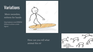 Variations
More swooshes,
mittens for hands
http://xplaner.com/2008/04/
03/how-to-draw-a-stick-
figure/
How can you tell what
animal this is?
 