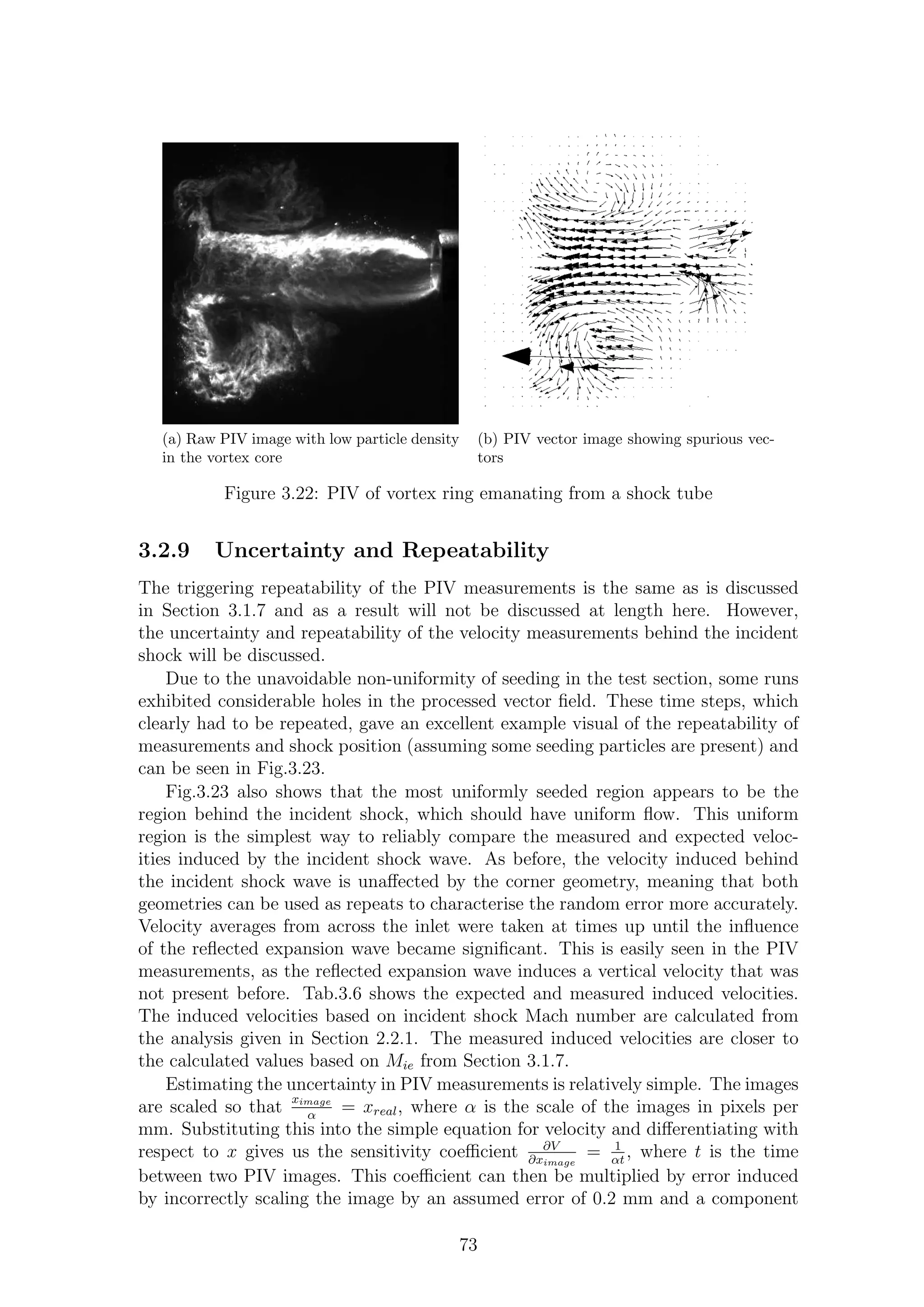 (a) Raw PIV image with low particle density
in the vortex core
(b) PIV vector image showing spurious vec-
tors
Figure 3.22: PIV of vortex ring emanating from a shock tube
3.2.9 Uncertainty and Repeatability
The triggering repeatability of the PIV measurements is the same as is discussed
in Section 3.1.7 and as a result will not be discussed at length here. However,
the uncertainty and repeatability of the velocity measurements behind the incident
shock will be discussed.
Due to the unavoidable non-uniformity of seeding in the test section, some runs
exhibited considerable holes in the processed vector ﬁeld. These time steps, which
clearly had to be repeated, gave an excellent example visual of the repeatability of
measurements and shock position (assuming some seeding particles are present) and
can be seen in Fig.3.23.
Fig.3.23 also shows that the most uniformly seeded region appears to be the
region behind the incident shock, which should have uniform ﬂow. This uniform
region is the simplest way to reliably compare the measured and expected veloc-
ities induced by the incident shock wave. As before, the velocity induced behind
the incident shock wave is unaﬀected by the corner geometry, meaning that both
geometries can be used as repeats to characterise the random error more accurately.
Velocity averages from across the inlet were taken at times up until the inﬂuence
of the reﬂected expansion wave became signiﬁcant. This is easily seen in the PIV
measurements, as the reﬂected expansion wave induces a vertical velocity that was
not present before. Tab.3.6 shows the expected and measured induced velocities.
The induced velocities based on incident shock Mach number are calculated from
the analysis given in Section 2.2.1. The measured induced velocities are closer to
the calculated values based on Mie from Section 3.1.7.
Estimating the uncertainty in PIV measurements is relatively simple. The images
are scaled so that
ximage
α
= xreal, where α is the scale of the images in pixels per
mm. Substituting this into the simple equation for velocity and diﬀerentiating with
respect to x gives us the sensitivity coeﬃcient ∂V
∂ximage
= 1
αt
, where t is the time
between two PIV images. This coeﬃcient can then be multiplied by error induced
by incorrectly scaling the image by an assumed error of 0.2 mm and a component
73
 