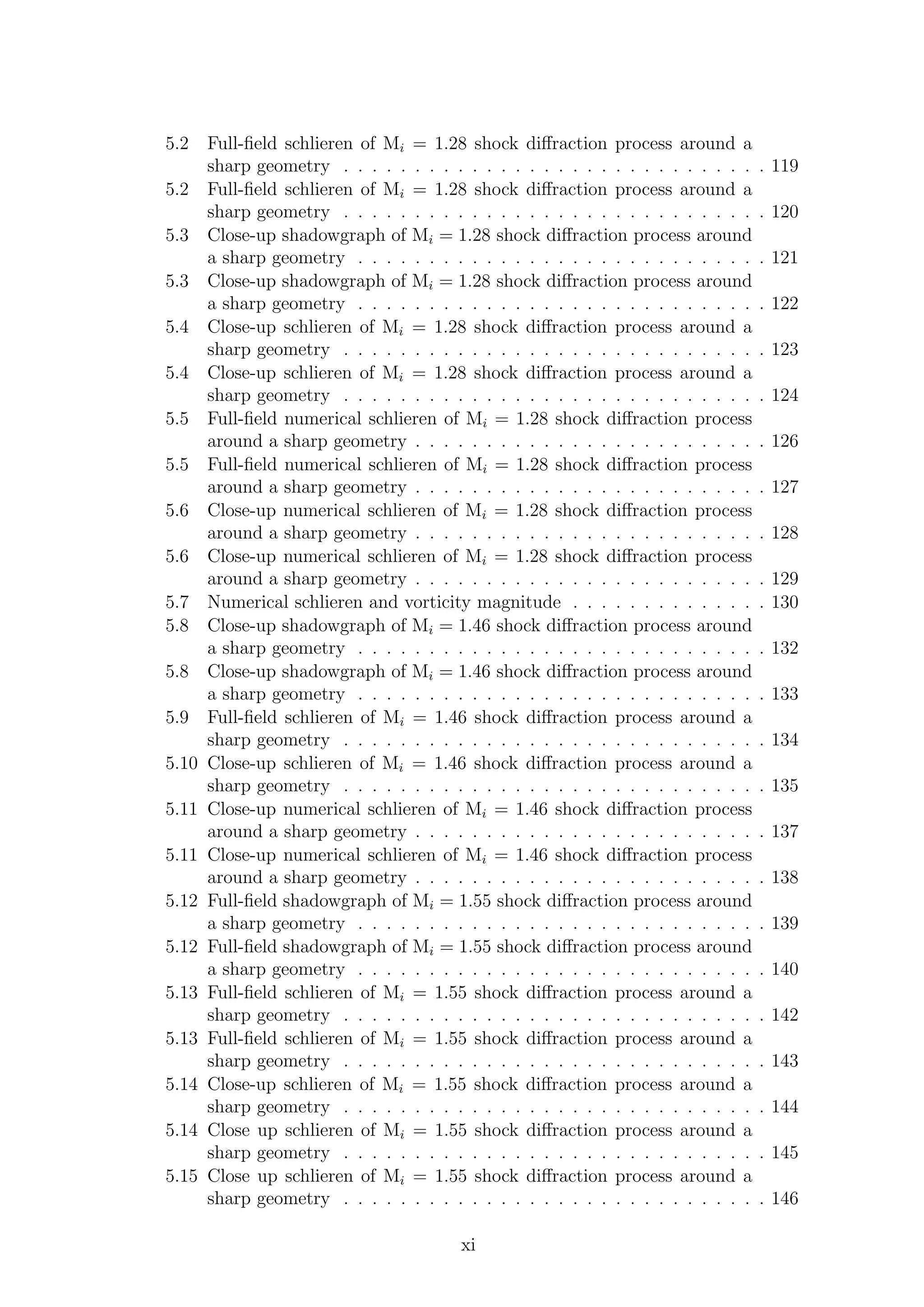 5.2 Full-ﬁeld schlieren of Mi = 1.28 shock diﬀraction process around a
sharp geometry . . . . . . . . . . . . . . . . . . . . . . . . . . . . . . 119
5.2 Full-ﬁeld schlieren of Mi = 1.28 shock diﬀraction process around a
sharp geometry . . . . . . . . . . . . . . . . . . . . . . . . . . . . . . 120
5.3 Close-up shadowgraph of Mi = 1.28 shock diﬀraction process around
a sharp geometry . . . . . . . . . . . . . . . . . . . . . . . . . . . . . 121
5.3 Close-up shadowgraph of Mi = 1.28 shock diﬀraction process around
a sharp geometry . . . . . . . . . . . . . . . . . . . . . . . . . . . . . 122
5.4 Close-up schlieren of Mi = 1.28 shock diﬀraction process around a
sharp geometry . . . . . . . . . . . . . . . . . . . . . . . . . . . . . . 123
5.4 Close-up schlieren of Mi = 1.28 shock diﬀraction process around a
sharp geometry . . . . . . . . . . . . . . . . . . . . . . . . . . . . . . 124
5.5 Full-ﬁeld numerical schlieren of Mi = 1.28 shock diﬀraction process
around a sharp geometry . . . . . . . . . . . . . . . . . . . . . . . . . 126
5.5 Full-ﬁeld numerical schlieren of Mi = 1.28 shock diﬀraction process
around a sharp geometry . . . . . . . . . . . . . . . . . . . . . . . . . 127
5.6 Close-up numerical schlieren of Mi = 1.28 shock diﬀraction process
around a sharp geometry . . . . . . . . . . . . . . . . . . . . . . . . . 128
5.6 Close-up numerical schlieren of Mi = 1.28 shock diﬀraction process
around a sharp geometry . . . . . . . . . . . . . . . . . . . . . . . . . 129
5.7 Numerical schlieren and vorticity magnitude . . . . . . . . . . . . . . 130
5.8 Close-up shadowgraph of Mi = 1.46 shock diﬀraction process around
a sharp geometry . . . . . . . . . . . . . . . . . . . . . . . . . . . . . 132
5.8 Close-up shadowgraph of Mi = 1.46 shock diﬀraction process around
a sharp geometry . . . . . . . . . . . . . . . . . . . . . . . . . . . . . 133
5.9 Full-ﬁeld schlieren of Mi = 1.46 shock diﬀraction process around a
sharp geometry . . . . . . . . . . . . . . . . . . . . . . . . . . . . . . 134
5.10 Close-up schlieren of Mi = 1.46 shock diﬀraction process around a
sharp geometry . . . . . . . . . . . . . . . . . . . . . . . . . . . . . . 135
5.11 Close-up numerical schlieren of Mi = 1.46 shock diﬀraction process
around a sharp geometry . . . . . . . . . . . . . . . . . . . . . . . . . 137
5.11 Close-up numerical schlieren of Mi = 1.46 shock diﬀraction process
around a sharp geometry . . . . . . . . . . . . . . . . . . . . . . . . . 138
5.12 Full-ﬁeld shadowgraph of Mi = 1.55 shock diﬀraction process around
a sharp geometry . . . . . . . . . . . . . . . . . . . . . . . . . . . . . 139
5.12 Full-ﬁeld shadowgraph of Mi = 1.55 shock diﬀraction process around
a sharp geometry . . . . . . . . . . . . . . . . . . . . . . . . . . . . . 140
5.13 Full-ﬁeld schlieren of Mi = 1.55 shock diﬀraction process around a
sharp geometry . . . . . . . . . . . . . . . . . . . . . . . . . . . . . . 142
5.13 Full-ﬁeld schlieren of Mi = 1.55 shock diﬀraction process around a
sharp geometry . . . . . . . . . . . . . . . . . . . . . . . . . . . . . . 143
5.14 Close-up schlieren of Mi = 1.55 shock diﬀraction process around a
sharp geometry . . . . . . . . . . . . . . . . . . . . . . . . . . . . . . 144
5.14 Close up schlieren of Mi = 1.55 shock diﬀraction process around a
sharp geometry . . . . . . . . . . . . . . . . . . . . . . . . . . . . . . 145
5.15 Close up schlieren of Mi = 1.55 shock diﬀraction process around a
sharp geometry . . . . . . . . . . . . . . . . . . . . . . . . . . . . . . 146
xi
 