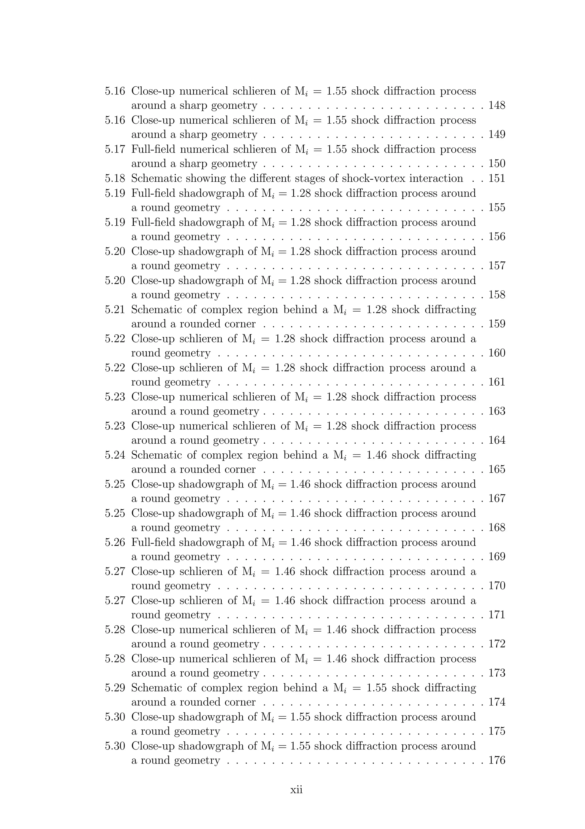 5.16 Close-up numerical schlieren of Mi = 1.55 shock diﬀraction process
around a sharp geometry . . . . . . . . . . . . . . . . . . . . . . . . . 148
5.16 Close-up numerical schlieren of Mi = 1.55 shock diﬀraction process
around a sharp geometry . . . . . . . . . . . . . . . . . . . . . . . . . 149
5.17 Full-ﬁeld numerical schlieren of Mi = 1.55 shock diﬀraction process
around a sharp geometry . . . . . . . . . . . . . . . . . . . . . . . . . 150
5.18 Schematic showing the diﬀerent stages of shock-vortex interaction . . 151
5.19 Full-ﬁeld shadowgraph of Mi = 1.28 shock diﬀraction process around
a round geometry . . . . . . . . . . . . . . . . . . . . . . . . . . . . . 155
5.19 Full-ﬁeld shadowgraph of Mi = 1.28 shock diﬀraction process around
a round geometry . . . . . . . . . . . . . . . . . . . . . . . . . . . . . 156
5.20 Close-up shadowgraph of Mi = 1.28 shock diﬀraction process around
a round geometry . . . . . . . . . . . . . . . . . . . . . . . . . . . . . 157
5.20 Close-up shadowgraph of Mi = 1.28 shock diﬀraction process around
a round geometry . . . . . . . . . . . . . . . . . . . . . . . . . . . . . 158
5.21 Schematic of complex region behind a Mi = 1.28 shock diﬀracting
around a rounded corner . . . . . . . . . . . . . . . . . . . . . . . . . 159
5.22 Close-up schlieren of Mi = 1.28 shock diﬀraction process around a
round geometry . . . . . . . . . . . . . . . . . . . . . . . . . . . . . . 160
5.22 Close-up schlieren of Mi = 1.28 shock diﬀraction process around a
round geometry . . . . . . . . . . . . . . . . . . . . . . . . . . . . . . 161
5.23 Close-up numerical schlieren of Mi = 1.28 shock diﬀraction process
around a round geometry . . . . . . . . . . . . . . . . . . . . . . . . . 163
5.23 Close-up numerical schlieren of Mi = 1.28 shock diﬀraction process
around a round geometry . . . . . . . . . . . . . . . . . . . . . . . . . 164
5.24 Schematic of complex region behind a Mi = 1.46 shock diﬀracting
around a rounded corner . . . . . . . . . . . . . . . . . . . . . . . . . 165
5.25 Close-up shadowgraph of Mi = 1.46 shock diﬀraction process around
a round geometry . . . . . . . . . . . . . . . . . . . . . . . . . . . . . 167
5.25 Close-up shadowgraph of Mi = 1.46 shock diﬀraction process around
a round geometry . . . . . . . . . . . . . . . . . . . . . . . . . . . . . 168
5.26 Full-ﬁeld shadowgraph of Mi = 1.46 shock diﬀraction process around
a round geometry . . . . . . . . . . . . . . . . . . . . . . . . . . . . . 169
5.27 Close-up schlieren of Mi = 1.46 shock diﬀraction process around a
round geometry . . . . . . . . . . . . . . . . . . . . . . . . . . . . . . 170
5.27 Close-up schlieren of Mi = 1.46 shock diﬀraction process around a
round geometry . . . . . . . . . . . . . . . . . . . . . . . . . . . . . . 171
5.28 Close-up numerical schlieren of Mi = 1.46 shock diﬀraction process
around a round geometry . . . . . . . . . . . . . . . . . . . . . . . . . 172
5.28 Close-up numerical schlieren of Mi = 1.46 shock diﬀraction process
around a round geometry . . . . . . . . . . . . . . . . . . . . . . . . . 173
5.29 Schematic of complex region behind a Mi = 1.55 shock diﬀracting
around a rounded corner . . . . . . . . . . . . . . . . . . . . . . . . . 174
5.30 Close-up shadowgraph of Mi = 1.55 shock diﬀraction process around
a round geometry . . . . . . . . . . . . . . . . . . . . . . . . . . . . . 175
5.30 Close-up shadowgraph of Mi = 1.55 shock diﬀraction process around
a round geometry . . . . . . . . . . . . . . . . . . . . . . . . . . . . . 176
xii
 