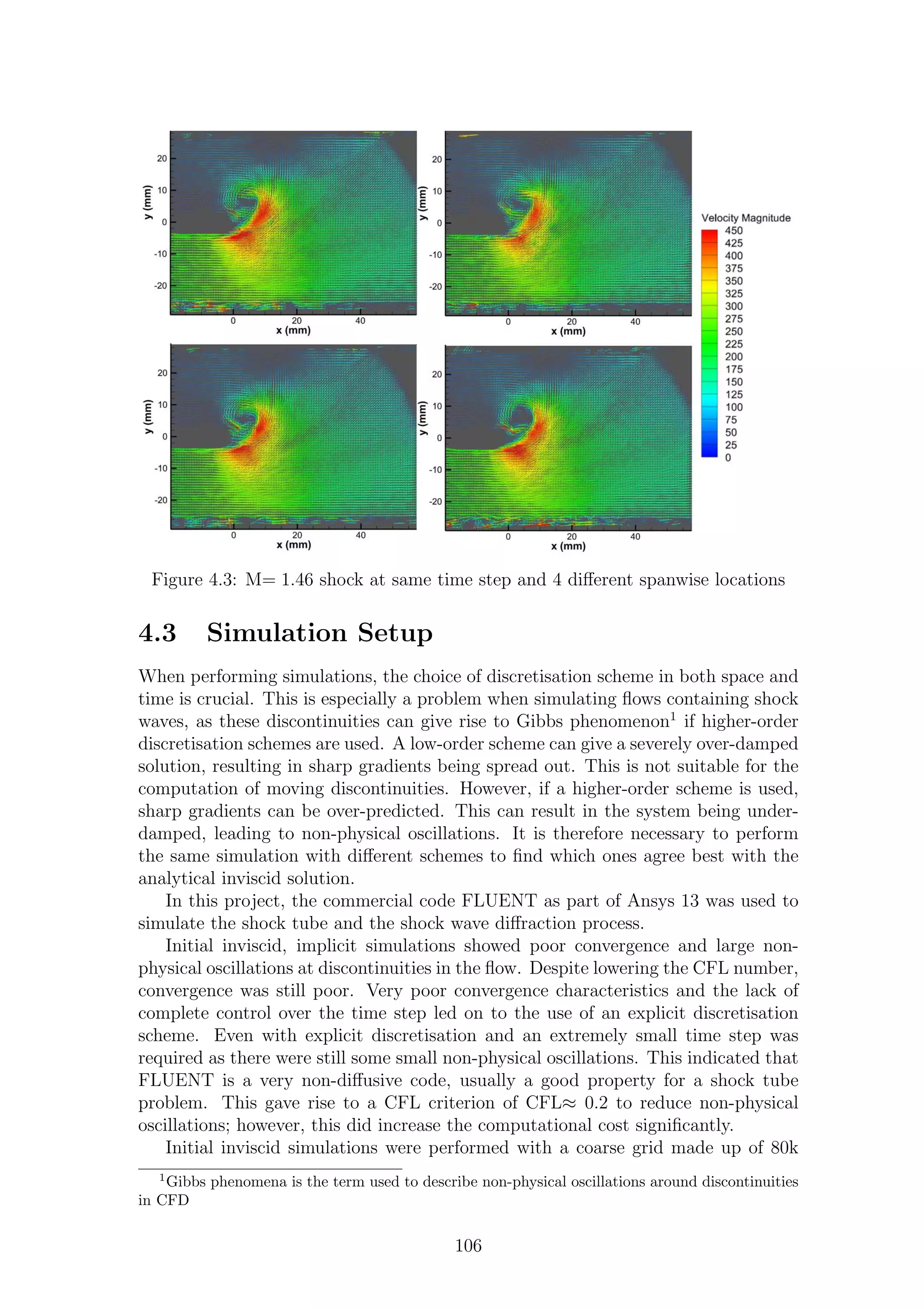 Figure 4.3: M= 1.46 shock at same time step and 4 diﬀerent spanwise locations
4.3 Simulation Setup
When performing simulations, the choice of discretisation scheme in both space and
time is crucial. This is especially a problem when simulating ﬂows containing shock
waves, as these discontinuities can give rise to Gibbs phenomenon1
if higher-order
discretisation schemes are used. A low-order scheme can give a severely over-damped
solution, resulting in sharp gradients being spread out. This is not suitable for the
computation of moving discontinuities. However, if a higher-order scheme is used,
sharp gradients can be over-predicted. This can result in the system being under-
damped, leading to non-physical oscillations. It is therefore necessary to perform
the same simulation with diﬀerent schemes to ﬁnd which ones agree best with the
analytical inviscid solution.
In this project, the commercial code FLUENT as part of Ansys 13 was used to
simulate the shock tube and the shock wave diﬀraction process.
Initial inviscid, implicit simulations showed poor convergence and large non-
physical oscillations at discontinuities in the ﬂow. Despite lowering the CFL number,
convergence was still poor. Very poor convergence characteristics and the lack of
complete control over the time step led on to the use of an explicit discretisation
scheme. Even with explicit discretisation and an extremely small time step was
required as there were still some small non-physical oscillations. This indicated that
FLUENT is a very non-diﬀusive code, usually a good property for a shock tube
problem. This gave rise to a CFL criterion of CFL≈ 0.2 to reduce non-physical
oscillations; however, this did increase the computational cost signiﬁcantly.
Initial inviscid simulations were performed with a coarse grid made up of 80k
1
Gibbs phenomena is the term used to describe non-physical oscillations around discontinuities
in CFD
106
 