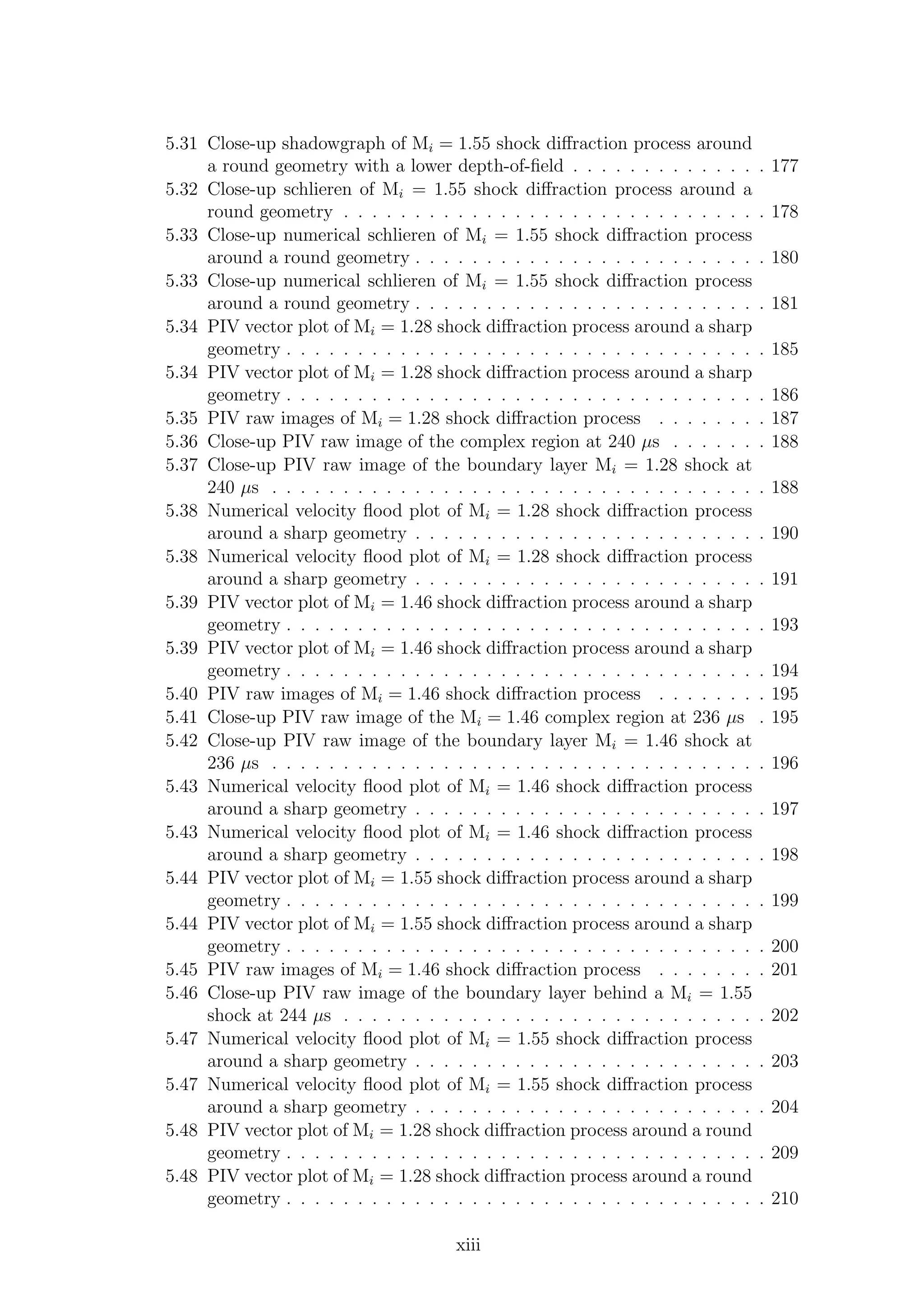 5.31 Close-up shadowgraph of Mi = 1.55 shock diﬀraction process around
a round geometry with a lower depth-of-ﬁeld . . . . . . . . . . . . . . 177
5.32 Close-up schlieren of Mi = 1.55 shock diﬀraction process around a
round geometry . . . . . . . . . . . . . . . . . . . . . . . . . . . . . . 178
5.33 Close-up numerical schlieren of Mi = 1.55 shock diﬀraction process
around a round geometry . . . . . . . . . . . . . . . . . . . . . . . . . 180
5.33 Close-up numerical schlieren of Mi = 1.55 shock diﬀraction process
around a round geometry . . . . . . . . . . . . . . . . . . . . . . . . . 181
5.34 PIV vector plot of Mi = 1.28 shock diﬀraction process around a sharp
geometry . . . . . . . . . . . . . . . . . . . . . . . . . . . . . . . . . . 185
5.34 PIV vector plot of Mi = 1.28 shock diﬀraction process around a sharp
geometry . . . . . . . . . . . . . . . . . . . . . . . . . . . . . . . . . . 186
5.35 PIV raw images of Mi = 1.28 shock diﬀraction process . . . . . . . . 187
5.36 Close-up PIV raw image of the complex region at 240 µs . . . . . . . 188
5.37 Close-up PIV raw image of the boundary layer Mi = 1.28 shock at
240 µs . . . . . . . . . . . . . . . . . . . . . . . . . . . . . . . . . . . 188
5.38 Numerical velocity ﬂood plot of Mi = 1.28 shock diﬀraction process
around a sharp geometry . . . . . . . . . . . . . . . . . . . . . . . . . 190
5.38 Numerical velocity ﬂood plot of Mi = 1.28 shock diﬀraction process
around a sharp geometry . . . . . . . . . . . . . . . . . . . . . . . . . 191
5.39 PIV vector plot of Mi = 1.46 shock diﬀraction process around a sharp
geometry . . . . . . . . . . . . . . . . . . . . . . . . . . . . . . . . . . 193
5.39 PIV vector plot of Mi = 1.46 shock diﬀraction process around a sharp
geometry . . . . . . . . . . . . . . . . . . . . . . . . . . . . . . . . . . 194
5.40 PIV raw images of Mi = 1.46 shock diﬀraction process . . . . . . . . 195
5.41 Close-up PIV raw image of the Mi = 1.46 complex region at 236 µs . 195
5.42 Close-up PIV raw image of the boundary layer Mi = 1.46 shock at
236 µs . . . . . . . . . . . . . . . . . . . . . . . . . . . . . . . . . . . 196
5.43 Numerical velocity ﬂood plot of Mi = 1.46 shock diﬀraction process
around a sharp geometry . . . . . . . . . . . . . . . . . . . . . . . . . 197
5.43 Numerical velocity ﬂood plot of Mi = 1.46 shock diﬀraction process
around a sharp geometry . . . . . . . . . . . . . . . . . . . . . . . . . 198
5.44 PIV vector plot of Mi = 1.55 shock diﬀraction process around a sharp
geometry . . . . . . . . . . . . . . . . . . . . . . . . . . . . . . . . . . 199
5.44 PIV vector plot of Mi = 1.55 shock diﬀraction process around a sharp
geometry . . . . . . . . . . . . . . . . . . . . . . . . . . . . . . . . . . 200
5.45 PIV raw images of Mi = 1.46 shock diﬀraction process . . . . . . . . 201
5.46 Close-up PIV raw image of the boundary layer behind a Mi = 1.55
shock at 244 µs . . . . . . . . . . . . . . . . . . . . . . . . . . . . . . 202
5.47 Numerical velocity ﬂood plot of Mi = 1.55 shock diﬀraction process
around a sharp geometry . . . . . . . . . . . . . . . . . . . . . . . . . 203
5.47 Numerical velocity ﬂood plot of Mi = 1.55 shock diﬀraction process
around a sharp geometry . . . . . . . . . . . . . . . . . . . . . . . . . 204
5.48 PIV vector plot of Mi = 1.28 shock diﬀraction process around a round
geometry . . . . . . . . . . . . . . . . . . . . . . . . . . . . . . . . . . 209
5.48 PIV vector plot of Mi = 1.28 shock diﬀraction process around a round
geometry . . . . . . . . . . . . . . . . . . . . . . . . . . . . . . . . . . 210
xiii
 