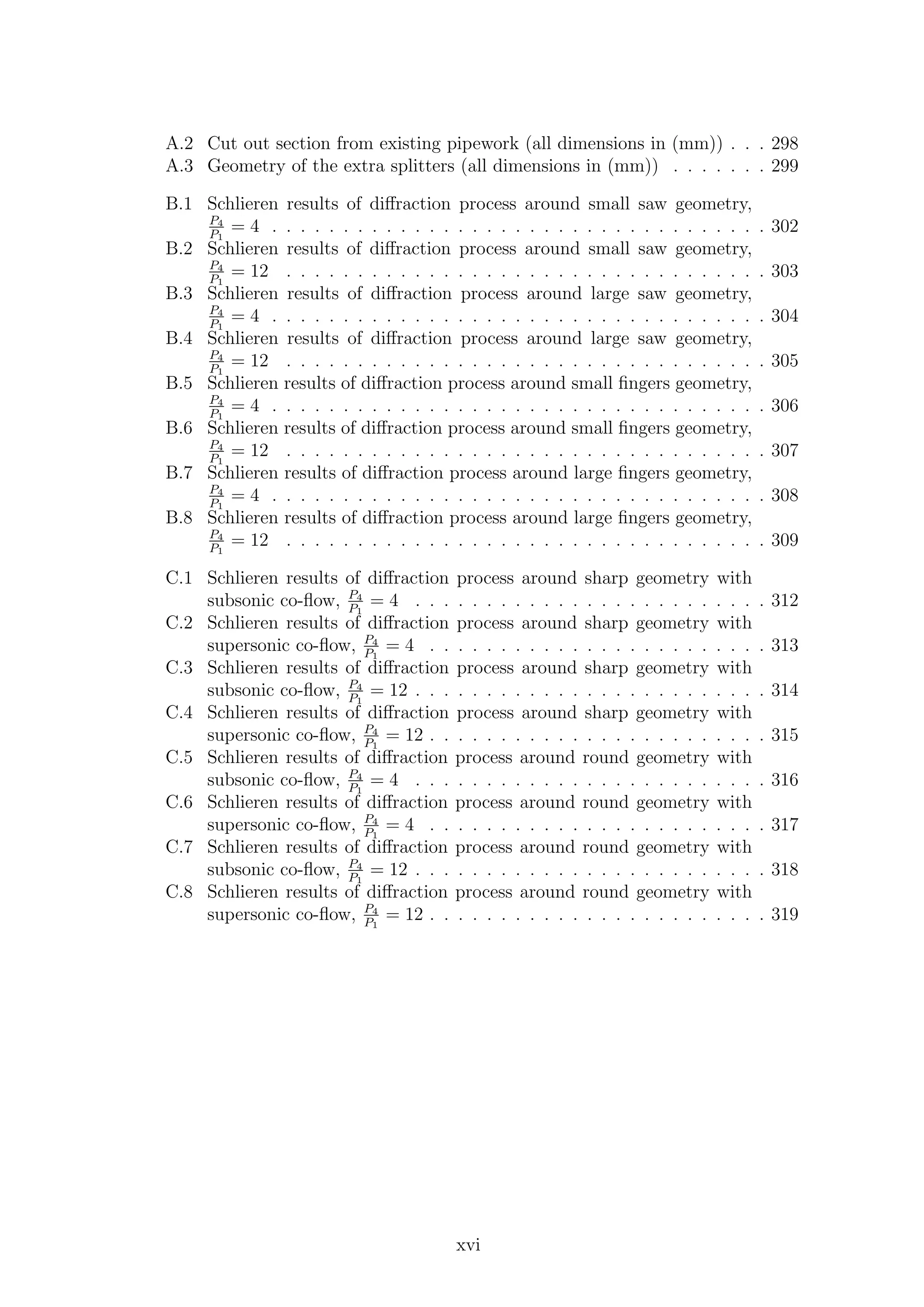 A.2 Cut out section from existing pipework (all dimensions in (mm)) . . . 298
A.3 Geometry of the extra splitters (all dimensions in (mm)) . . . . . . . 299
B.1 Schlieren results of diﬀraction process around small saw geometry,
P4
P1
= 4 . . . . . . . . . . . . . . . . . . . . . . . . . . . . . . . . . . . 302
B.2 Schlieren results of diﬀraction process around small saw geometry,
P4
P1
= 12 . . . . . . . . . . . . . . . . . . . . . . . . . . . . . . . . . . 303
B.3 Schlieren results of diﬀraction process around large saw geometry,
P4
P1
= 4 . . . . . . . . . . . . . . . . . . . . . . . . . . . . . . . . . . . 304
B.4 Schlieren results of diﬀraction process around large saw geometry,
P4
P1
= 12 . . . . . . . . . . . . . . . . . . . . . . . . . . . . . . . . . . 305
B.5 Schlieren results of diﬀraction process around small ﬁngers geometry,
P4
P1
= 4 . . . . . . . . . . . . . . . . . . . . . . . . . . . . . . . . . . . 306
B.6 Schlieren results of diﬀraction process around small ﬁngers geometry,
P4
P1
= 12 . . . . . . . . . . . . . . . . . . . . . . . . . . . . . . . . . . 307
B.7 Schlieren results of diﬀraction process around large ﬁngers geometry,
P4
P1
= 4 . . . . . . . . . . . . . . . . . . . . . . . . . . . . . . . . . . . 308
B.8 Schlieren results of diﬀraction process around large ﬁngers geometry,
P4
P1
= 12 . . . . . . . . . . . . . . . . . . . . . . . . . . . . . . . . . . 309
C.1 Schlieren results of diﬀraction process around sharp geometry with
subsonic co-ﬂow, P4
P1
= 4 . . . . . . . . . . . . . . . . . . . . . . . . . 312
C.2 Schlieren results of diﬀraction process around sharp geometry with
supersonic co-ﬂow, P4
P1
= 4 . . . . . . . . . . . . . . . . . . . . . . . . 313
C.3 Schlieren results of diﬀraction process around sharp geometry with
subsonic co-ﬂow, P4
P1
= 12 . . . . . . . . . . . . . . . . . . . . . . . . . 314
C.4 Schlieren results of diﬀraction process around sharp geometry with
supersonic co-ﬂow, P4
P1
= 12 . . . . . . . . . . . . . . . . . . . . . . . . 315
C.5 Schlieren results of diﬀraction process around round geometry with
subsonic co-ﬂow, P4
P1
= 4 . . . . . . . . . . . . . . . . . . . . . . . . . 316
C.6 Schlieren results of diﬀraction process around round geometry with
supersonic co-ﬂow, P4
P1
= 4 . . . . . . . . . . . . . . . . . . . . . . . . 317
C.7 Schlieren results of diﬀraction process around round geometry with
subsonic co-ﬂow, P4
P1
= 12 . . . . . . . . . . . . . . . . . . . . . . . . . 318
C.8 Schlieren results of diﬀraction process around round geometry with
supersonic co-ﬂow, P4
P1
= 12 . . . . . . . . . . . . . . . . . . . . . . . . 319
xvi
 