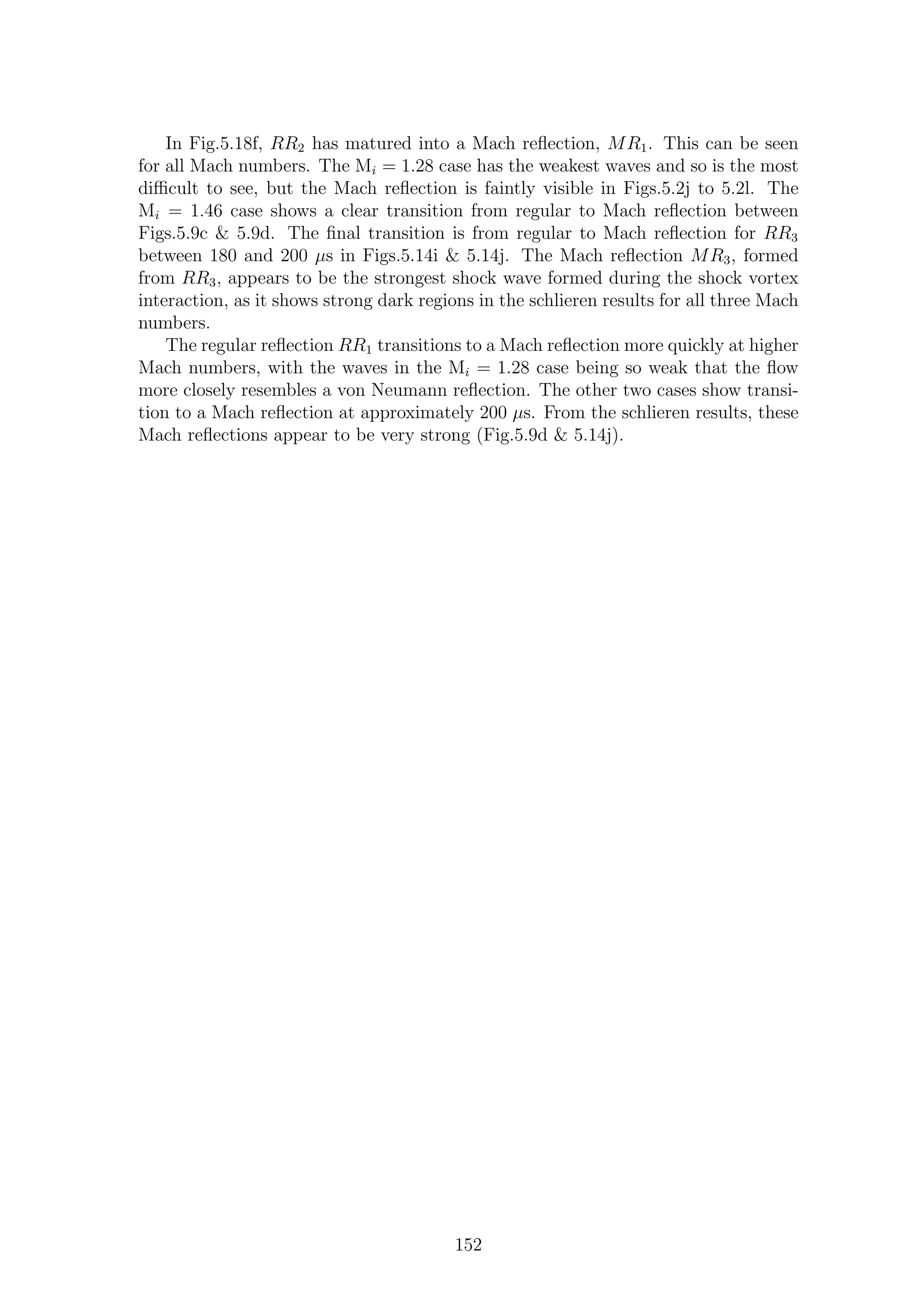 In Fig.5.18f, RR2 has matured into a Mach reﬂection, MR1. This can be seen
for all Mach numbers. The Mi = 1.28 case has the weakest waves and so is the most
diﬃcult to see, but the Mach reﬂection is faintly visible in Figs.5.2j to 5.2l. The
Mi = 1.46 case shows a clear transition from regular to Mach reﬂection between
Figs.5.9c & 5.9d. The ﬁnal transition is from regular to Mach reﬂection for RR3
between 180 and 200 µs in Figs.5.14i & 5.14j. The Mach reﬂection MR3, formed
from RR3, appears to be the strongest shock wave formed during the shock vortex
interaction, as it shows strong dark regions in the schlieren results for all three Mach
numbers.
The regular reﬂection RR1 transitions to a Mach reﬂection more quickly at higher
Mach numbers, with the waves in the Mi = 1.28 case being so weak that the ﬂow
more closely resembles a von Neumann reﬂection. The other two cases show transi-
tion to a Mach reﬂection at approximately 200 µs. From the schlieren results, these
Mach reﬂections appear to be very strong (Fig.5.9d & 5.14j).
152
 