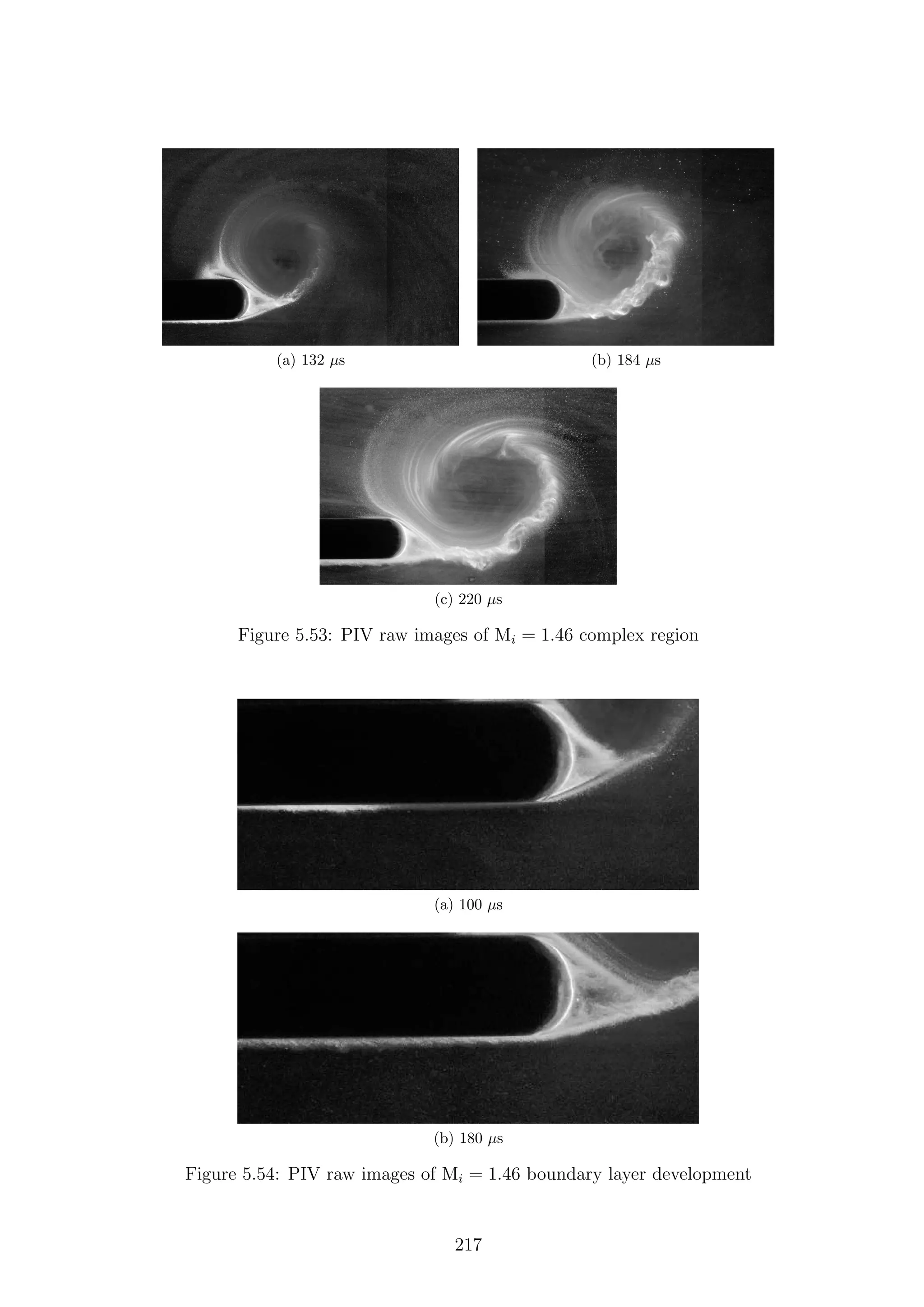 (a) 132 µs (b) 184 µs
(c) 220 µs
Figure 5.53: PIV raw images of Mi = 1.46 complex region
(a) 100 µs
(b) 180 µs
Figure 5.54: PIV raw images of Mi = 1.46 boundary layer development
217
 