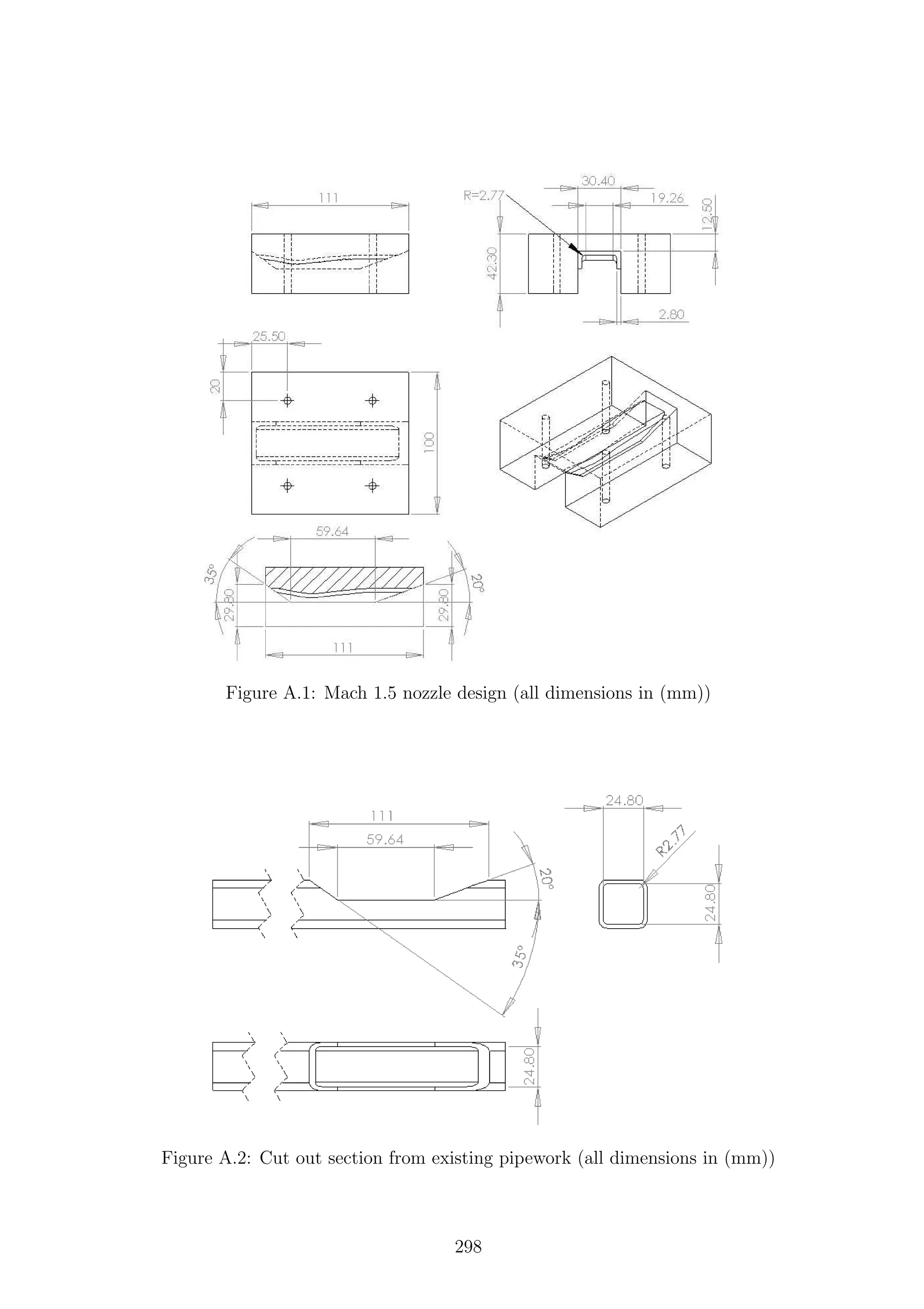 Figure A.1: Mach 1.5 nozzle design (all dimensions in (mm))
Figure A.2: Cut out section from existing pipework (all dimensions in (mm))
298
 