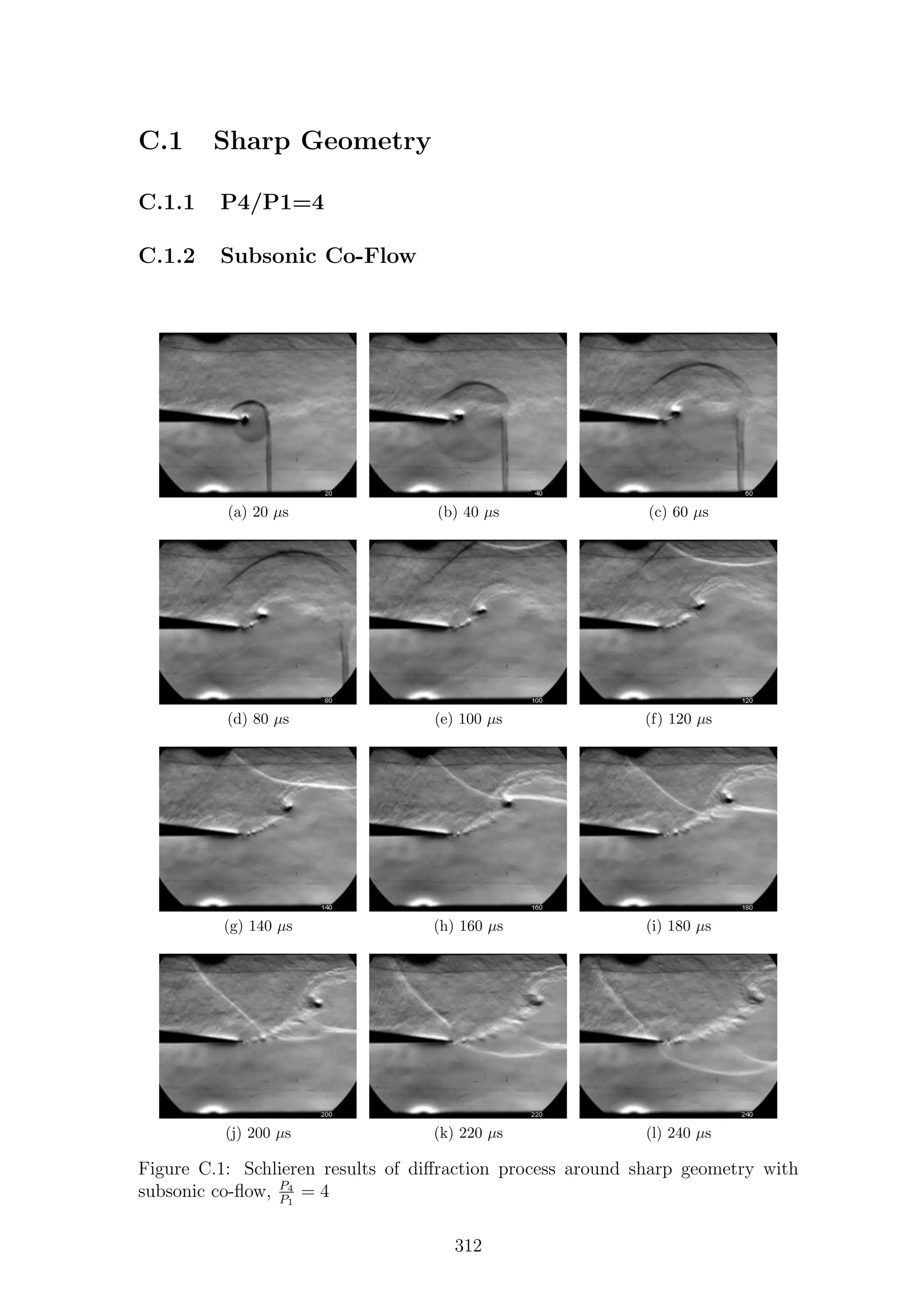 C.1 Sharp Geometry
C.1.1 P4/P1=4
C.1.2 Subsonic Co-Flow
(a) 20 µs (b) 40 µs (c) 60 µs
(d) 80 µs (e) 100 µs (f) 120 µs
(g) 140 µs (h) 160 µs (i) 180 µs
(j) 200 µs (k) 220 µs (l) 240 µs
Figure C.1: Schlieren results of diﬀraction process around sharp geometry with
subsonic co-ﬂow, P4
P1
= 4
312
 