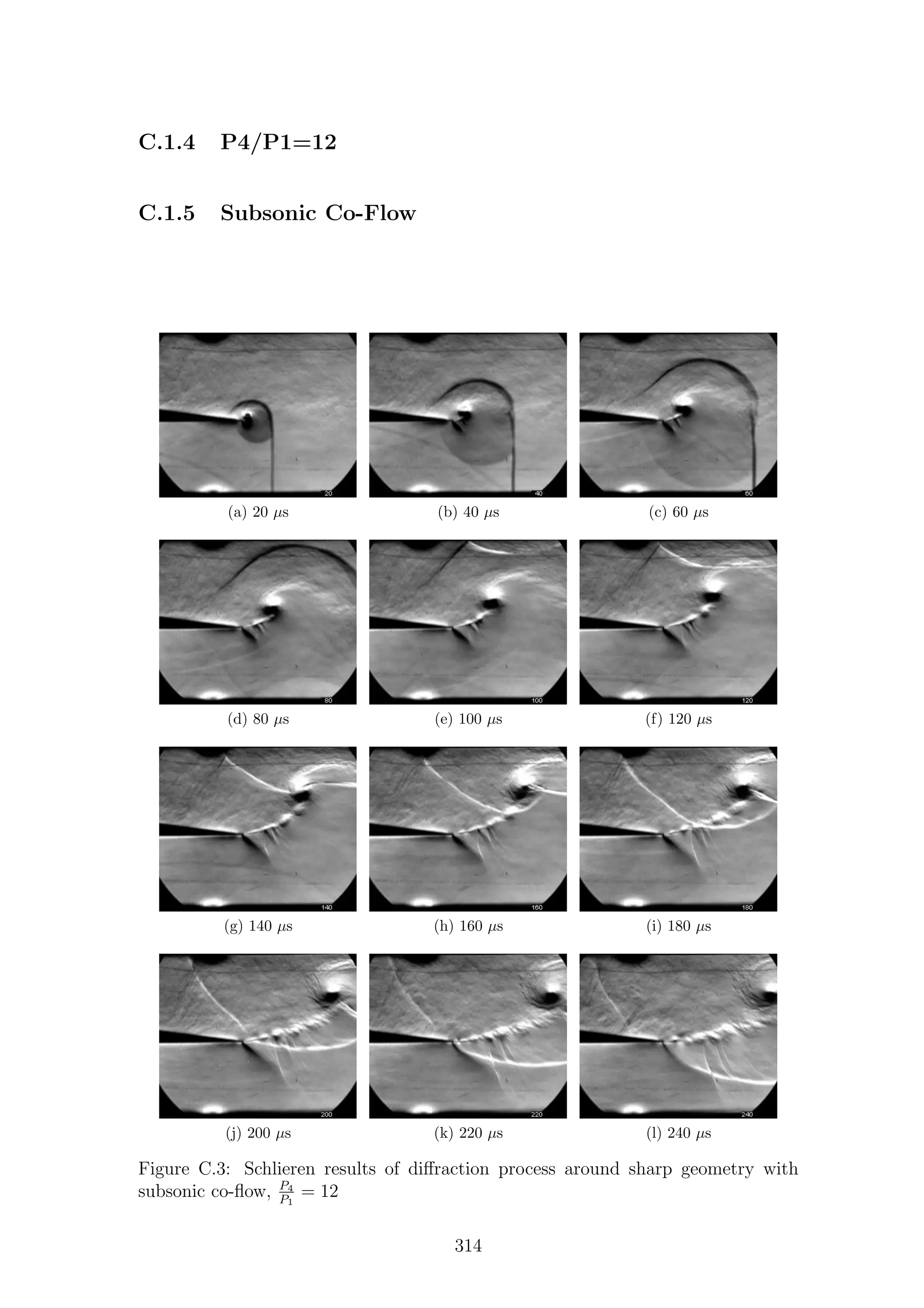 C.1.4 P4/P1=12
C.1.5 Subsonic Co-Flow
(a) 20 µs (b) 40 µs (c) 60 µs
(d) 80 µs (e) 100 µs (f) 120 µs
(g) 140 µs (h) 160 µs (i) 180 µs
(j) 200 µs (k) 220 µs (l) 240 µs
Figure C.3: Schlieren results of diﬀraction process around sharp geometry with
subsonic co-ﬂow, P4
P1
= 12
314
 