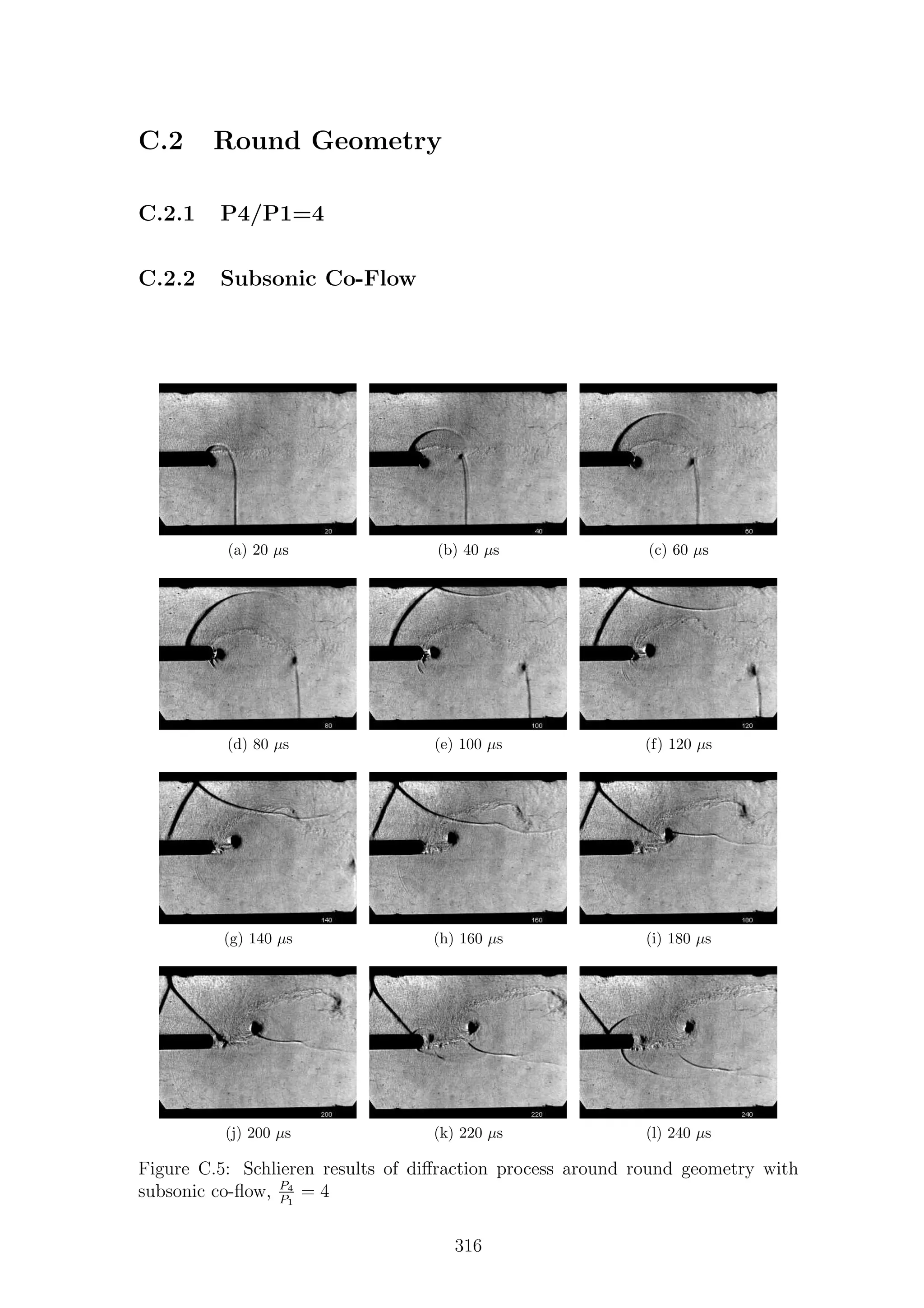 C.2 Round Geometry
C.2.1 P4/P1=4
C.2.2 Subsonic Co-Flow
(a) 20 µs (b) 40 µs (c) 60 µs
(d) 80 µs (e) 100 µs (f) 120 µs
(g) 140 µs (h) 160 µs (i) 180 µs
(j) 200 µs (k) 220 µs (l) 240 µs
Figure C.5: Schlieren results of diﬀraction process around round geometry with
subsonic co-ﬂow, P4
P1
= 4
316
 