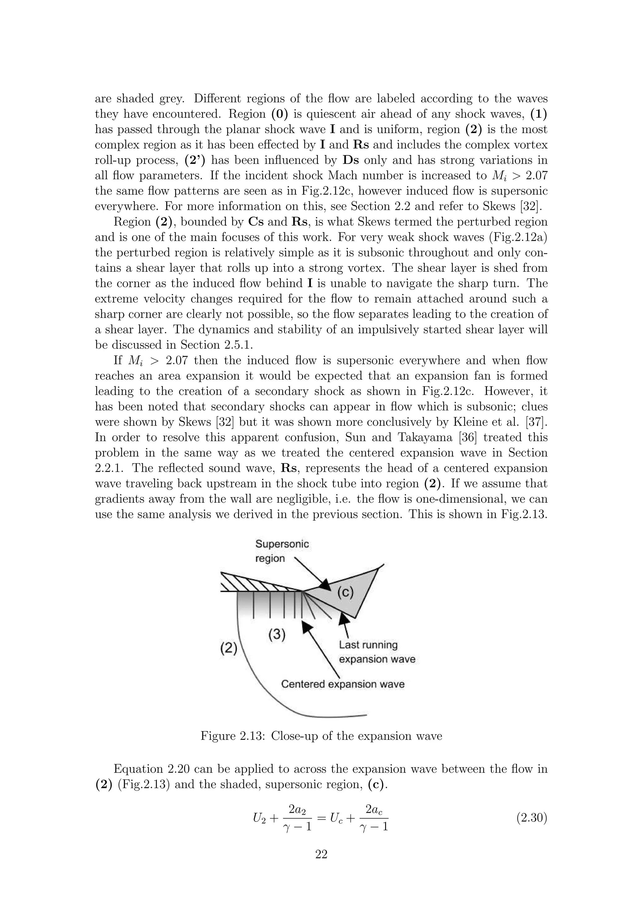are shaded grey. Diﬀerent regions of the ﬂow are labeled according to the waves
they have encountered. Region (0) is quiescent air ahead of any shock waves, (1)
has passed through the planar shock wave I and is uniform, region (2) is the most
complex region as it has been eﬀected by I and Rs and includes the complex vortex
roll-up process, (2’) has been inﬂuenced by Ds only and has strong variations in
all ﬂow parameters. If the incident shock Mach number is increased to Mi > 2.07
the same ﬂow patterns are seen as in Fig.2.12c, however induced ﬂow is supersonic
everywhere. For more information on this, see Section 2.2 and refer to Skews [32].
Region (2), bounded by Cs and Rs, is what Skews termed the perturbed region
and is one of the main focuses of this work. For very weak shock waves (Fig.2.12a)
the perturbed region is relatively simple as it is subsonic throughout and only con-
tains a shear layer that rolls up into a strong vortex. The shear layer is shed from
the corner as the induced ﬂow behind I is unable to navigate the sharp turn. The
extreme velocity changes required for the ﬂow to remain attached around such a
sharp corner are clearly not possible, so the ﬂow separates leading to the creation of
a shear layer. The dynamics and stability of an impulsively started shear layer will
be discussed in Section 2.5.1.
If Mi > 2.07 then the induced ﬂow is supersonic everywhere and when ﬂow
reaches an area expansion it would be expected that an expansion fan is formed
leading to the creation of a secondary shock as shown in Fig.2.12c. However, it
has been noted that secondary shocks can appear in ﬂow which is subsonic; clues
were shown by Skews [32] but it was shown more conclusively by Kleine et al. [37].
In order to resolve this apparent confusion, Sun and Takayama [36] treated this
problem in the same way as we treated the centered expansion wave in Section
2.2.1. The reﬂected sound wave, Rs, represents the head of a centered expansion
wave traveling back upstream in the shock tube into region (2). If we assume that
gradients away from the wall are negligible, i.e. the ﬂow is one-dimensional, we can
use the same analysis we derived in the previous section. This is shown in Fig.2.13.
Figure 2.13: Close-up of the expansion wave
Equation 2.20 can be applied to across the expansion wave between the ﬂow in
(2) (Fig.2.13) and the shaded, supersonic region, (c).
U2 +
2a2
γ − 1
= Uc +
2ac
γ − 1
(2.30)
22
 