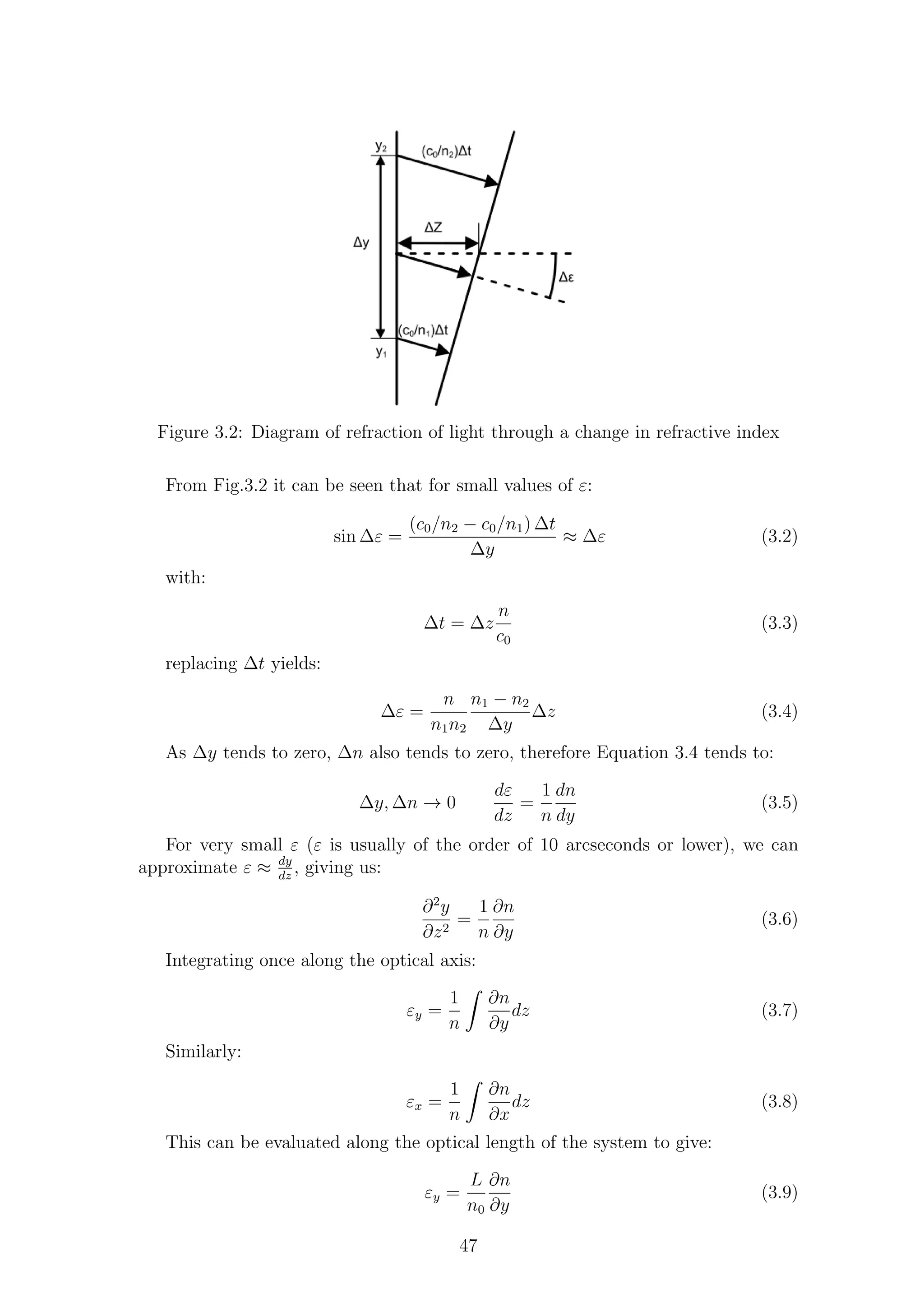 Figure 3.2: Diagram of refraction of light through a change in refractive index
From Fig.3.2 it can be seen that for small values of ε:
sin ∆ε =
(c0/n2 − c0/n1) ∆t
∆y
≈ ∆ε (3.2)
with:
∆t = ∆z
n
c0
(3.3)
replacing ∆t yields:
∆ε =
n
n1n2
n1 − n2
∆y
∆z (3.4)
As ∆y tends to zero, ∆n also tends to zero, therefore Equation 3.4 tends to:
∆y, ∆n → 0
dε
dz
=
1
n
dn
dy
(3.5)
For very small ε (ε is usually of the order of 10 arcseconds or lower), we can
approximate ε ≈ dy
dz
, giving us:
∂2
y
∂z2
=
1
n
∂n
∂y
(3.6)
Integrating once along the optical axis:
εy =
1
n
∂n
∂y
dz (3.7)
Similarly:
εx =
1
n
∂n
∂x
dz (3.8)
This can be evaluated along the optical length of the system to give:
εy =
L
n0
∂n
∂y
(3.9)
47
 
