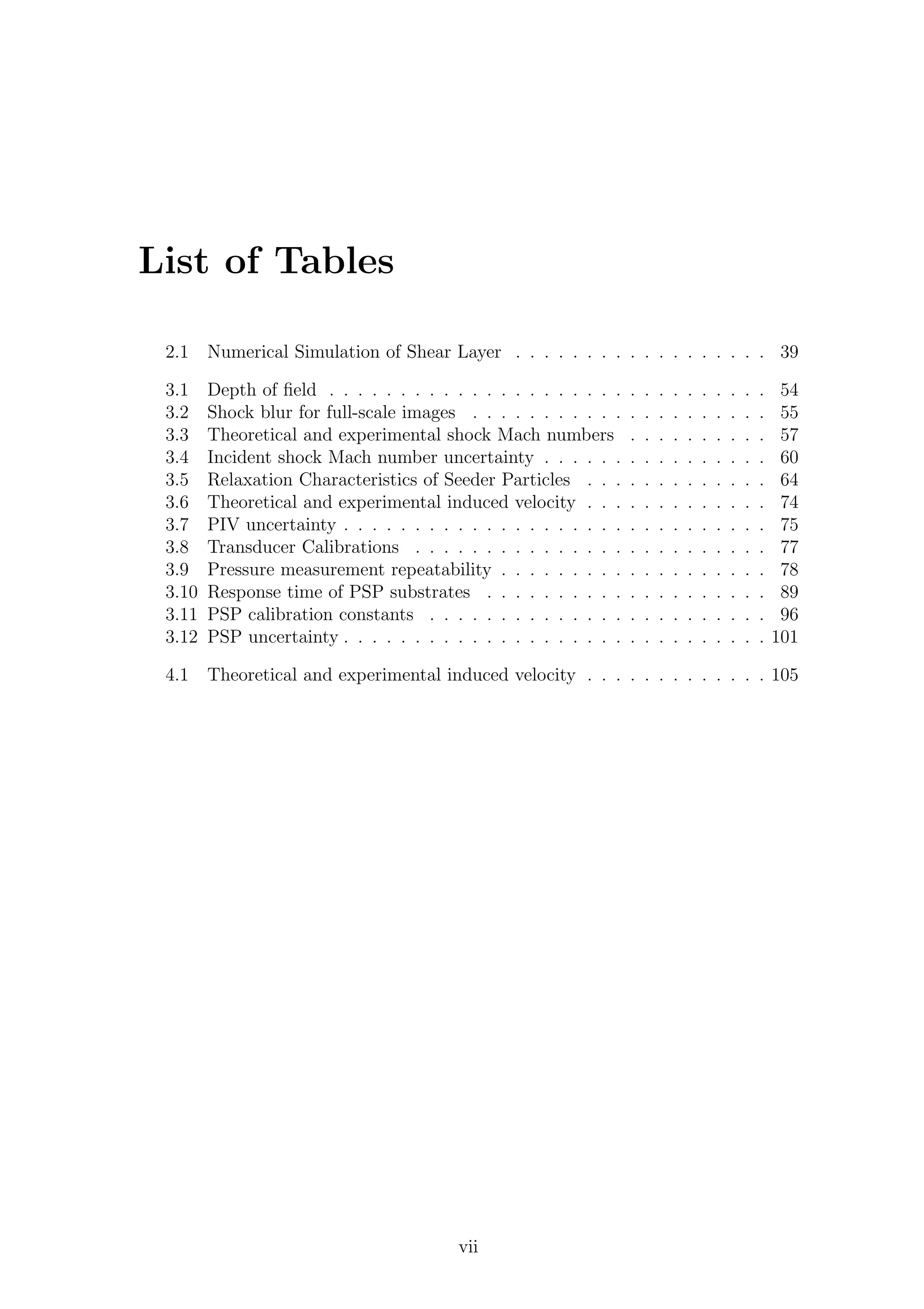 List of Tables
2.1 Numerical Simulation of Shear Layer . . . . . . . . . . . . . . . . . . 39
3.1 Depth of ﬁeld . . . . . . . . . . . . . . . . . . . . . . . . . . . . . . . 54
3.2 Shock blur for full-scale images . . . . . . . . . . . . . . . . . . . . . 55
3.3 Theoretical and experimental shock Mach numbers . . . . . . . . . . 57
3.4 Incident shock Mach number uncertainty . . . . . . . . . . . . . . . . 60
3.5 Relaxation Characteristics of Seeder Particles . . . . . . . . . . . . . 64
3.6 Theoretical and experimental induced velocity . . . . . . . . . . . . . 74
3.7 PIV uncertainty . . . . . . . . . . . . . . . . . . . . . . . . . . . . . . 75
3.8 Transducer Calibrations . . . . . . . . . . . . . . . . . . . . . . . . . 77
3.9 Pressure measurement repeatability . . . . . . . . . . . . . . . . . . . 78
3.10 Response time of PSP substrates . . . . . . . . . . . . . . . . . . . . 89
3.11 PSP calibration constants . . . . . . . . . . . . . . . . . . . . . . . . 96
3.12 PSP uncertainty . . . . . . . . . . . . . . . . . . . . . . . . . . . . . . 101
4.1 Theoretical and experimental induced velocity . . . . . . . . . . . . . 105
vii
 