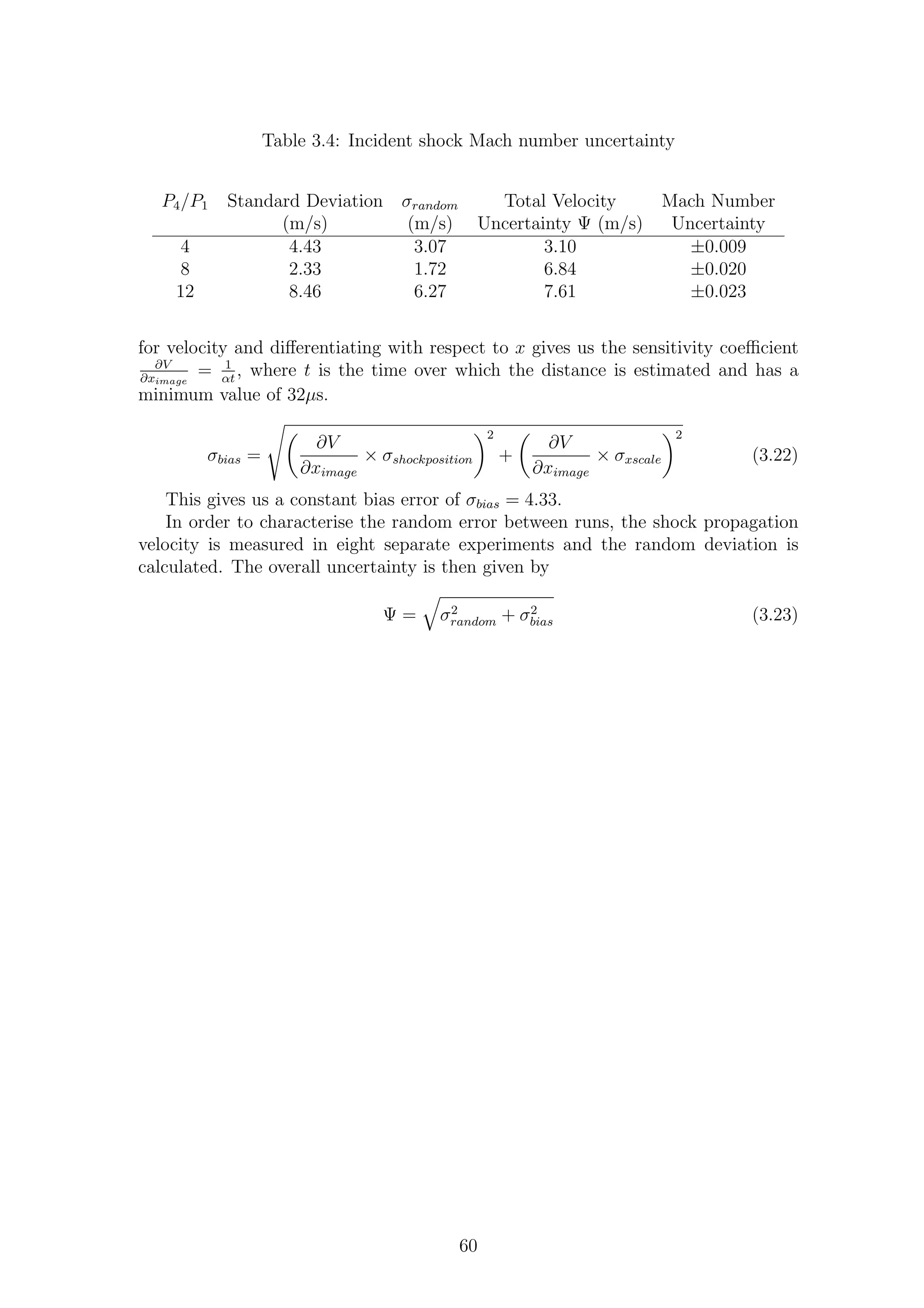 Table 3.4: Incident shock Mach number uncertainty
P4/P1 Standard Deviation σrandom Total Velocity Mach Number
(m/s) (m/s) Uncertainty Ψ (m/s) Uncertainty
4 4.43 3.07 3.10 ±0.009
8 2.33 1.72 6.84 ±0.020
12 8.46 6.27 7.61 ±0.023
for velocity and diﬀerentiating with respect to x gives us the sensitivity coeﬃcient
∂V
∂ximage
= 1
αt
, where t is the time over which the distance is estimated and has a
minimum value of 32µs.
σbias =
∂V
∂ximage
× σshockposition
2
+
∂V
∂ximage
× σxscale
2
(3.22)
This gives us a constant bias error of σbias = 4.33.
In order to characterise the random error between runs, the shock propagation
velocity is measured in eight separate experiments and the random deviation is
calculated. The overall uncertainty is then given by
Ψ = σ2
random + σ2
bias (3.23)
60
 