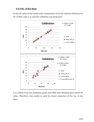 15/24
3.3.3 No. of Dry Days:
As the R2 value of the model with combination of all the selected Predictors is
(of 0.985), ergo it is used for validation and projection.
It is evident from the validation graph that MLR with Residual gives better R2
value. Therefore, that model is used for future projection of the no. of dry
days.
y = 0.985x + 0.279
R² = 0.985
0
5
10
15
20
25
30
35
0 10 20 30 40
MLR
Observed
Calibration
MLR
MLR_with_R
Linear (MLR)
y = 0.929x + 1.093
R² = 0.916
y = 0.942x + 0.833
R² = 0.942
0
5
10
15
20
25
30
35
0 10 20 30 40
MLR
Observed
Validation
MLR
MLR_with_R
Linear (MLR)
Linear (MLR_with_R)
 