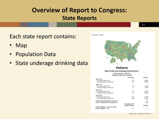 Overview of Report to Congress:
State Reports
Each state report contains:
• Map
• Population Data
• State underage drinking data
17
 