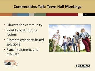 • Educate the community
• Identify contributing
factors
• Promote evidence-based
solutions
• Plan, implement, and
evaluate
34
Communities Talk: Town Hall Meetings
 
