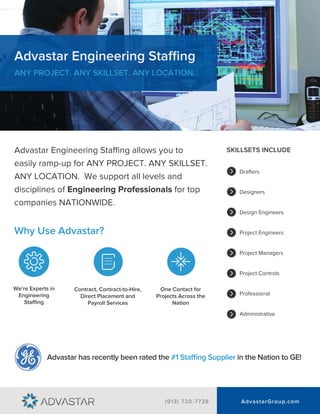 AdvastarGroup.com
Advastar Engineering Staffing
ANY PROJECT. ANY SKILLSET. ANY LOCATION.
Advastar Engineering Staffing allows you to
easily ramp-up for ANY PROJECT. ANY SKILLSET.
ANY LOCATION. We support all levels and
disciplines of Engineering Professionals for top
companies NATIONWIDE.
Project Managers
Project Engineers
Design Engineers
Professional
Project Controls
SKILLSETS INCLUDE
Administrative
Drafters
Designers
Why Use Advastar?
We’re Experts in
Engineering
Staffing
One Contact for
Projects Across the
Nation
Contract, Contract-to-Hire,
Direct Placement and
Payroll Services
(913) 730-7738
Advastar has recently been rated the #1 Staffing Supplier in the Nation to GE!
 
