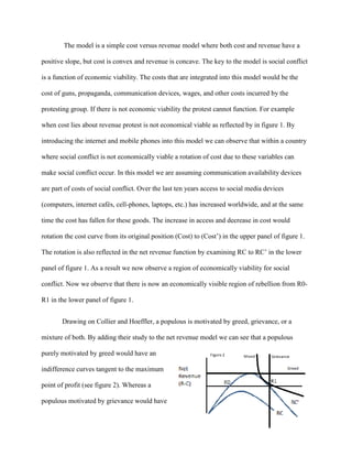 The model is a simple cost versus revenue model where both cost and revenue have a
positive slope, but cost is convex and revenue is concave. The key to the model is social conflict
is a function of economic viability. The costs that are integrated into this model would be the
cost of guns, propaganda, communication devices, wages, and other costs incurred by the
protesting group. If there is not economic viability the protest cannot function. For example
when cost lies about revenue protest is not economical viable as reflected by in figure 1. By
introducing the internet and mobile phones into this model we can observe that within a country
where social conflict is not economically viable a rotation of cost due to these variables can
make social conflict occur. In this model we are assuming communication availability devices
are part of costs of social conflict. Over the last ten years access to social media devices
(computers, internet cafés, cell-phones, laptops, etc.) has increased worldwide, and at the same
time the cost has fallen for these goods. The increase in access and decrease in cost would
rotation the cost curve from its original position (Cost) to (Cost’) in the upper panel of figure 1.
The rotation is also reflected in the net revenue function by examining RC to RC’ in the lower
panel of figure 1. As a result we now observe a region of economically viability for social
conflict. Now we observe that there is now an economically visible region of rebellion from R0-
R1 in the lower panel of figure 1.
Drawing on Collier and Hoeffler, a populous is motivated by greed, grievance, or a
mixture of both. By adding their study to the net revenue model we can see that a populous
purely motivated by greed would have an
indifference curves tangent to the maximum
point of profit (see figure 2). Whereas a
populous motivated by grievance would have
 