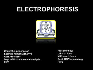 ELECTROPHORESIS
Presented by:
Utkarsh Alok
M.Pharm 1st
sem
Dept. Of Pharmacology
RIPS
Under the guidance of:
Sasmita Kumari Acharjya
Asst.Professor
Dept. of Pharmaceutical analysis
RIPS
 