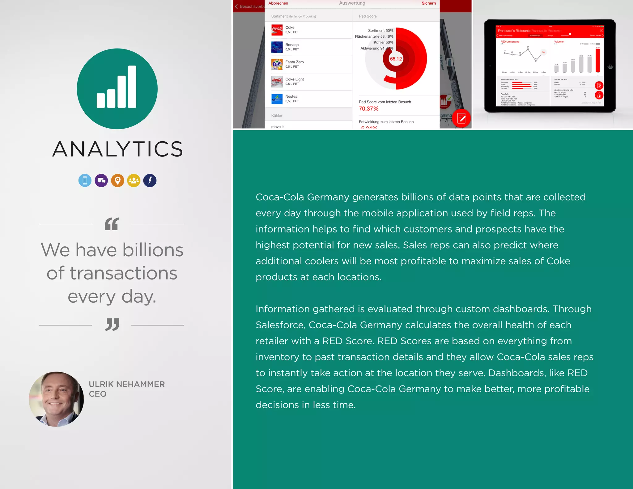 ANALYTICS
We have billions
of transactions
every day.
Coca-Cola Germany generates billions of data points that are collected
every day through the mobile application used by field reps. The
information helps to find which customers and prospects have the
highest potential for new sales. Sales reps can also predict where
additional coolers will be most profitable to maximize sales of Coke
products at each locations.
Information gathered is evaluated through custom dashboards. Through
Salesforce, Coca-Cola Germany calculates the overall health of each
retailer with a RED Score. RED Scores are based on everything from
inventory to past transaction details and they allow Coca-Cola sales reps
to instantly take action at the location they serve. Dashboards, like RED
Score, are enabling Coca-Cola Germany to make better, more profitable
decisions in less time.
ULRIK NEHAMMER
CEO
 