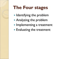 The Four stages
 Identifying the problem
 Analyzing the problem
 Implementing a treatment
 Evaluating the treatment
 