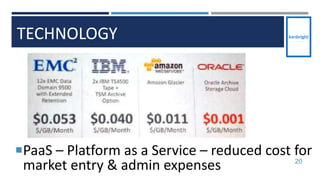 TECHNOLOGY
20
PaaS – Platform as a Service – reduced cost for
market entry & admin expenses
 