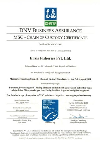 MSC Certificate - Ensis Fisheries Pvt Ltd | PDF