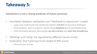 Copyright © 2015, SiteTuners – Company Confidential - All Rights Reserved.
Satisfaction is not a strong predictor of future purchase
• Correlation between satisfaction and “likelihood to repurchase” is weak
– Large-scale study found that satisfaction explains only 8% of repurchase likelihood.
– Only exception: when a customer reports being delighted with product/experience.
– Little correlation between what people say they will buy and what they actually buy
• ‘Wanting’ and ‘Liking’ are regulated by different neural circuits
• Implication: Don’t give too much weight to NPS scores
– Edmunds.com surveys
Takeaway 5:
 