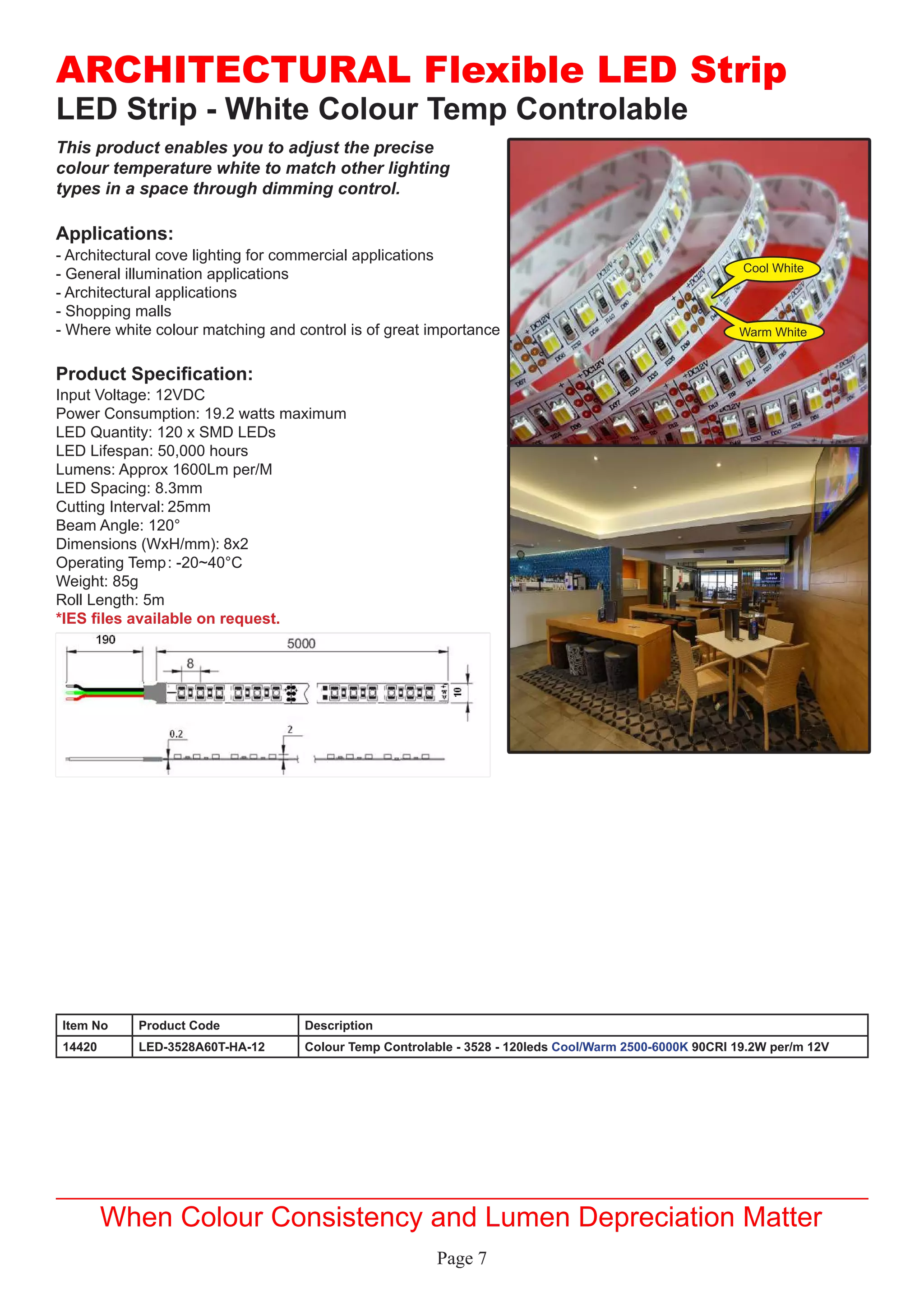 Page 7
LED Strip - White Colour Temp Controlable
Item No Product Code Description
14420 LED-3528A60T-HA-12 Colour Temp Controlable - 3528 - 120leds Cool/Warm 2500-6000K 90CRI 19.2W per/m 12V
Applications:
Product Specification:
- Architectural cove lighting for commercial applications
- General illumination applications
- Architectural applications
- Shopping malls
- Where white colour matching and control is of great importance
Input Voltage: 12VDC
Power Consumption: 19.2 watts maximum
LED Quantity: 120 x SMD LEDs
LED Lifespan: 50,000 hours
Lumens: Approx 1600Lm per/M
LED Spacing: 8.3mm
Cutting Interval:	25mm
Beam Angle: 120°
Dimensions (WxH/mm):	8x2
Operating Temp	: -20~40°C
Weight: 85g
Roll Length: 5m
*IES files available on request.
ARCHITECTURAL Flexible LED Strip
When Colour Consistency and Lumen Depreciation Matter
Cool White
Warm White
This product enables you to adjust the precise
colour temperature white to match other lighting
types in a space through dimming control.
 