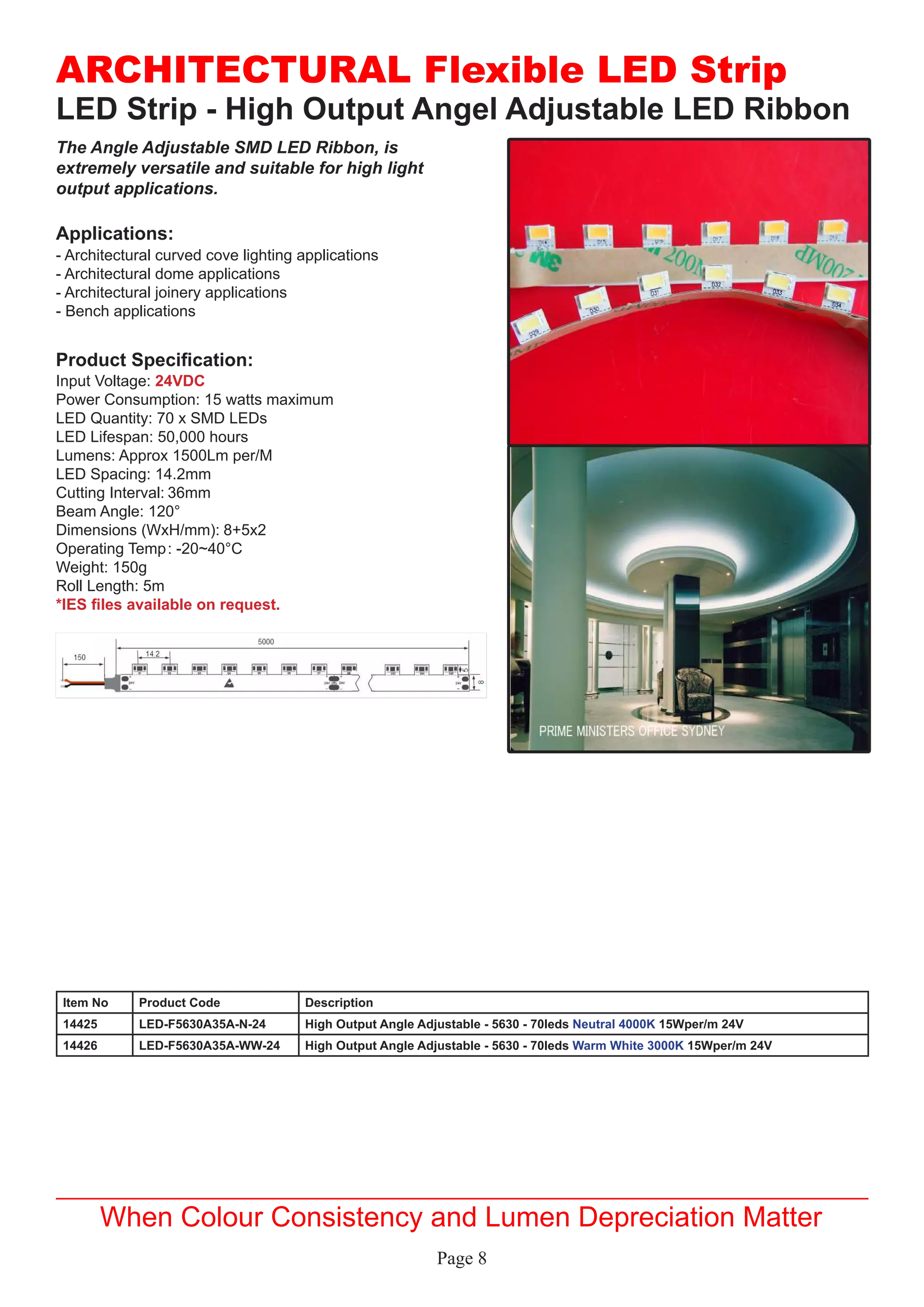 Page 8
LED Strip - High Output Angel Adjustable LED Ribbon
Applications:
Product Specification:
- Architectural curved cove lighting applications
- Architectural dome applications
- Architectural joinery applications
- Bench applications
Input Voltage: 24VDC
Power Consumption: 15 watts maximum
LED Quantity: 70 x SMD LEDs
LED Lifespan: 50,000 hours
Lumens: Approx 1500Lm per/M
LED Spacing: 14.2mm
Cutting Interval:	36mm
Beam Angle: 120°
Dimensions (WxH/mm):	8+5x2
Operating Temp	: -20~40°C
Weight: 150g
Roll Length: 5m
*IES files available on request.
ARCHITECTURAL Flexible LED Strip
When Colour Consistency and Lumen Depreciation Matter
The Angle Adjustable SMD LED Ribbon, is
extremely versatile and suitable for high light
output applications.
Item No Product Code Description
14425 LED-F5630A35A-N-24 High Output Angle Adjustable - 5630 - 70leds Neutral 4000K 15Wper/m 24V
14426 LED-F5630A35A-WW-24 High Output Angle Adjustable - 5630 - 70leds Warm White 3000K 15Wper/m 24V
 