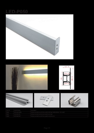Page 33
LED-P050
Item No Product Code Description
23030 LED-P050-OPAL Surface mounted up and down profile with opal PMMA diffuser - 2m length
23031 LED-P050-EC Surface mounted up and down profile end caps
23032 LED-P050-MC Surface mounted up and down profile mounting clip
 
