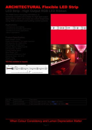 Page 9
LED Strip - High Output RGB LED Ribbon
Applications:
Product Specification:
- Architectural cove lighting
- Architectural concealed applications
- Architectural joinery applications
- Bench applications
Input Voltage: 12VDC
Power Consumption: 14.4 watts maximum
LED Quantity: 60 x SMD LEDs
LED Lifespan: 50,000 hours
Lumens: Approx 1000Lm per/M
LED Spacing: 16.6mm
Cutting Interval:	50mm
Beam Angle: 120°
Dimensions (WxH/mm):	10x2
Operating Temp	: -20~40°C
Weight: 150g
Roll Length: 5m
*IES files available on request.
ARCHITECTURAL Flexible LED Strip
When Colour Consistency and Lumen Depreciation Matter
The RGB Colour changing LED Ribbon, is
extremely versatile and suitable for high light output
applications, which can create any colour imaginable
using RGB controllers and building control systems
Item No Product Code Description
14341 LED-FLS-60-RGB High Output SMD LED strip - 60leds RGB 14.4W 1000Lm
14381 LED-FLS-60-RGB-F High Output SMD LED WP strip - 60eds RGB 14.4W 1000Lm IP65
 