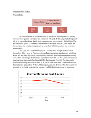   29	
  
Financial Risk Ratios
Current Ratio
The current ratio is an overall measure of how liquid the company is. Liquidity
measures how quickly a company can turn assets into cash. If the company had to pay off
all of its current liabilities, does it have enough current assets to cover the liabilities? To
be considered “good”, a company should shoot for a current ratio of 1. This means that
the company has exactly enough assets to cover their liabilities, so they can cover any
emergencies.
Coca-Cola has a current ratio of over 1, so they have enough assets to cover
themselves if they have to. As an investor, and a company that does business with Coca-
Cola, this is a good sign just in case anything comes up, the company can pay what they
owe. There was a slight decline in the current ratio from 2013 to 2014, which was caused
due to a larger increase in liabilities ($4,821) than in assets ($1,968). The increase in
liabilities is mainly due to an increase of $4,757 in short term debt. This short-term debt
has maturities greater than 90 days. The company does not disclose what the issuance of
this debt is for, but it looks like the company could be looking to invest in something.
0.6	
  
0.7	
  
0.8	
  
0.9	
  
1.0	
  
1.1	
  
1.2	
  
2012	
   2013	
   2014	
  
Year	
  
Current	
  Ratio	
  for	
  Past	
  3	
  Years	
  
Current  Ratio =
Current  Assets
Current  Liabilities
	
  
2012	
  
1.09	
  
2013	
  
1.13	
  
2014	
  
1.01	
  
 