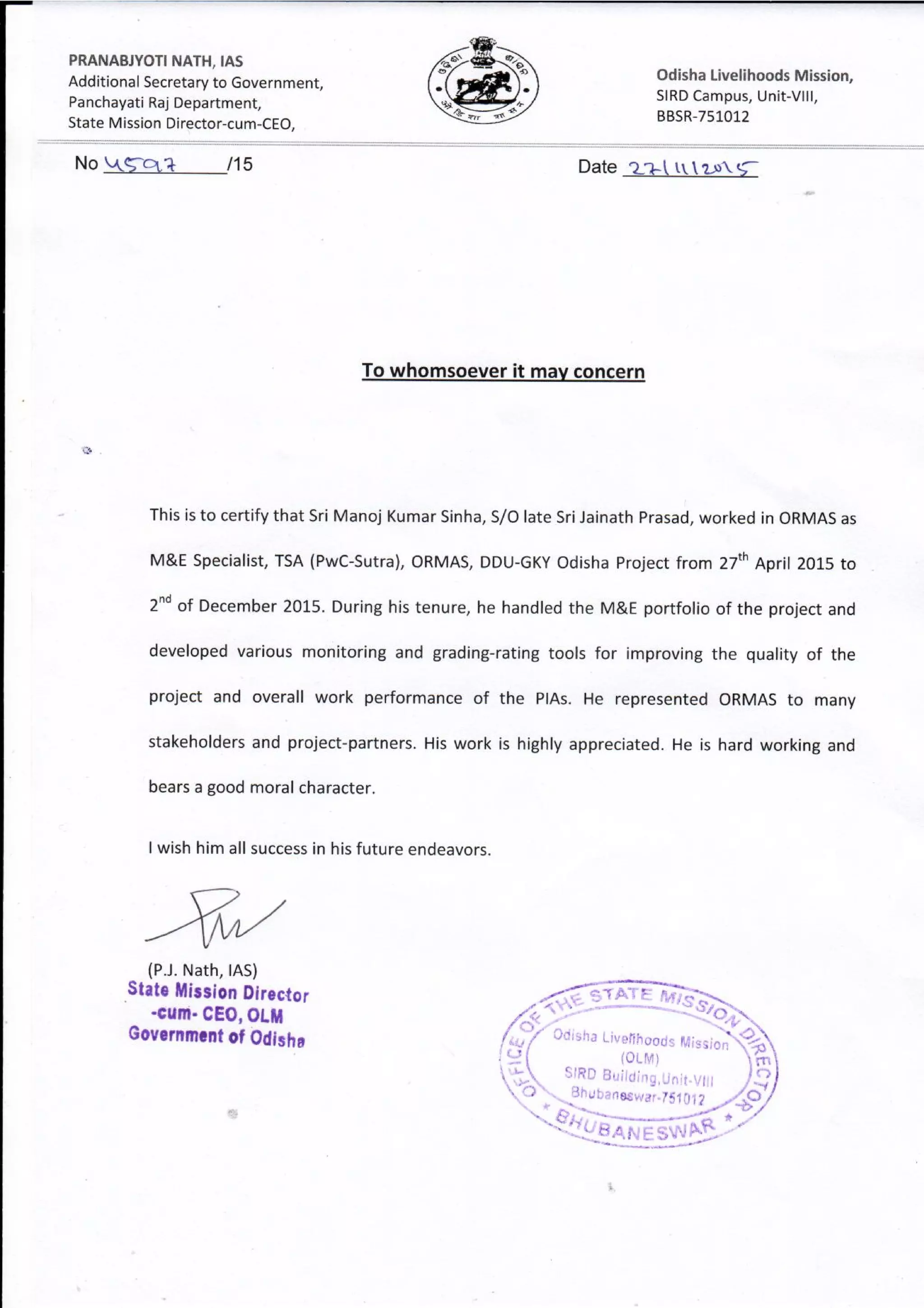 Letter of Appreciation PJ Nath IAS | PDF