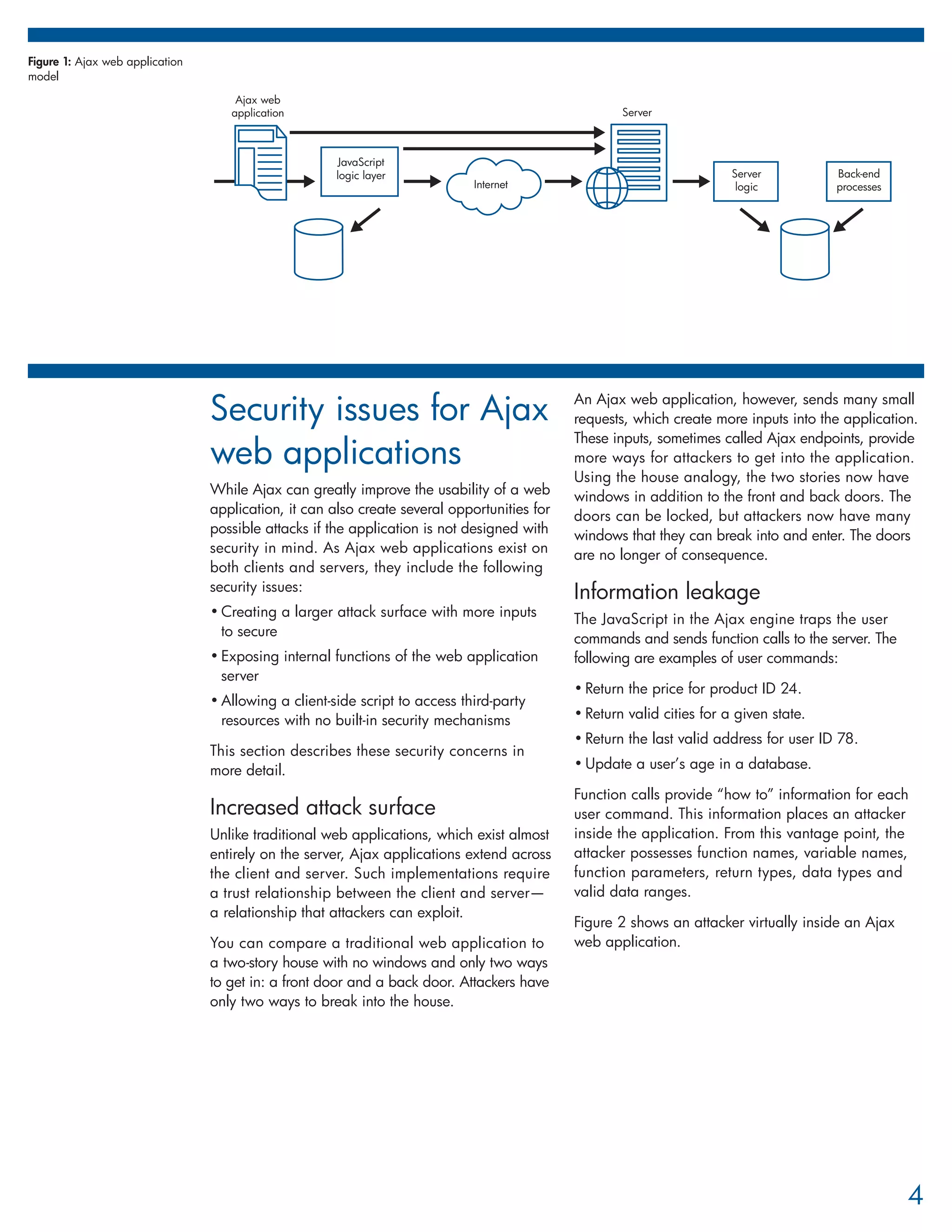 Figure 1: Ajax web application
model
                                     Ajax web
                                    application                                                      Server



                                                      JavaScript
                                                      logic layer                                                       Server          Back-end
                                                                             Internet                                    logic          processes




                                                                                             An Ajax web application, however, sends many small
                                 Security issues for Ajax                                    requests, which create more inputs into the application.
                                                                                             These inputs, sometimes called Ajax endpoints, provide
                                 web applications                                            more ways for attackers to get into the application.
                                                                                             Using the house analogy, the two stories now have
                                 While Ajax can greatly improve the usability of a web       windows in addition to the front and back doors. The
                                 application, it can also create several opportunities for   doors can be locked, but attackers now have many
                                 possible attacks if the application is not designed with    windows that they can break into and enter. The doors
                                 security in mind. As Ajax web applications exist on         are no longer of consequence.
                                 both clients and servers, they include the following
                                 security issues:                                            Information leakage
                                 • Creating a larger attack surface with more inputs         The JavaScript in the Ajax engine traps the user
                                   to secure                                                 commands and sends function calls to the server. The
                                 • Exposing internal functions of the web application        following are examples of user commands:
                                   server
                                                                                             • Return the price for product ID 24.
                                 • Allowing a client-side script to access third-party
                                   resources with no built-in security mechanisms            • Return valid cities for a given state.
                                                                                             • Return the last valid address for user ID 78.
                                 This section describes these security concerns in
                                 more detail.                                                • Update a user’s age in a database.

                                                                                             Function calls provide “how to” information for each
                                 Increased attack surface                                    user command. This information places an attacker
                                 Unlike traditional web applications, which exist almost     inside the application. From this vantage point, the
                                 entirely on the server, Ajax applications extend across     attacker possesses function names, variable names,
                                 the client and server. Such implementations require         function parameters, return types, data types and
                                 a trust relationship between the client and server—         valid data ranges.
                                 a relationship that attackers can exploit.
                                                                                             Figure 2 shows an attacker virtually inside an Ajax
                                 You can compare a traditional web application to            web application.
                                 a two-story house with no windows and only two ways
                                 to get in: a front door and a back door. Attackers have
                                 only two ways to break into the house.




                                                                                                                                                    4
 