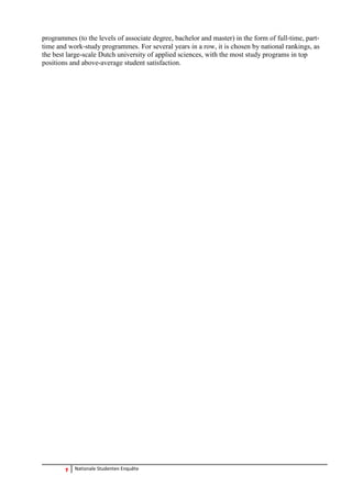 7 Nationale Studenten Enquête 
programmes (to the levels of associate degree, bachelor and master) in the form of full‐time, part‐ time and work‐study programmes. For several years in a row, it is chosen by national rankings, as the best large-scale Dutch university of applied sciences, with the most study programs in top positions and above-average student satisfaction.  