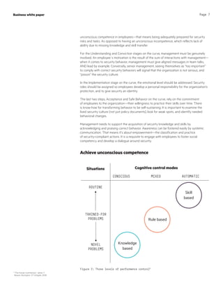 unconscious competence in employees—that means being adequately prepared for security
risks and tasks. As opposed to having an unconscious incompetence, which reflects lack of
ability due to missing knowledge and skill transfer.
For the Understanding and Conviction stages on the curve, management must be genuinely
involved. An employee´s motivation is the result of the sum of interactions with management—
when it comes to security behavior, management must give aligned messages in team talks,
AND lead by example. Conversely, senior management, seeing themselves as “too important”
to comply with correct security behaviors will signal that the organization is not serious, and
“poison” the security culture.
In the Implementation stage on the curve, the emotional level should be addressed. Security
roles should be assigned so employees develop a personal responsibility for the organization’s
protection, and to give security an identity.
The last two steps, Acceptance and Safe Behavior on the curve, rely on the commitment
of employees to the organization—their willingness to practice their skills over time. There
is know-how for transforming behavior to be self-sustaining. It is important to examine the
lived security culture (not just policy documents), look for weak spots, and identify needed
behavioral changes.
Management needs to support the acquisition of security knowledge and skills by
acknowledging and praising correct behavior. Awareness can be fostered easily by systemic
communication. That means it’s about empowerment—the classification and practice
of security-compliant actions. It is a requisite to engage with employees to foster social
competency and develop a dialogue around security.
Achieve unconscious competence
Business white paper Page 7
Cognitive control modesSituations
ROUTINE
TRAINED-FOR
PROBLEMS
NOVEL
PROBLEMS
CONSCIOUS MIXED AUTOMATIC
Knowledge
based
Rule based
Skill
based
Figure 2: Three levels of performance control9
9
“The Human Contribution,” James T.
Reason, Burlington, VT: Ashgate, 2008
 