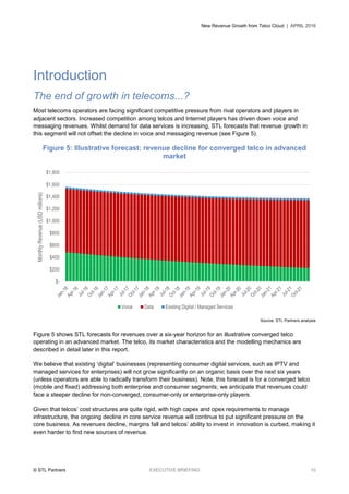 New Revenue Growth from Telco Cloud | APRIL 2016
© STL Partners EXECUTIVE BRIEFING 10
Introduction
The end of growth in telecoms...?
Most telecoms operators are facing significant competitive pressure from rival operators and players in
adjacent sectors. Increased competition among telcos and Internet players has driven down voice and
messaging revenues. Whilst demand for data services is increasing, STL forecasts that revenue growth in
this segment will not offset the decline in voice and messaging revenue (see Figure 5).
Figure 5: Illustrative forecast: revenue decline for converged telco in advanced
market
Source: STL Partners analysis
Figure 5 shows STL forecasts for revenues over a six-year horizon for an illustrative converged telco
operating in an advanced market. The telco, its market characteristics and the modelling mechanics are
described in detail later in this report.
We believe that existing ‘digital’ businesses (representing consumer digital services, such as IPTV and
managed services for enterprises) will not grow significantly on an organic basis over the next six years
(unless operators are able to radically transform their business). Note, this forecast is for a converged telco
(mobile and fixed) addressing both enterprise and consumer segments; we anticipate that revenues could
face a steeper decline for non-converged, consumer-only or enterprise-only players.
Given that telcos’ cost structures are quite rigid, with high capex and opex requirements to manage
infrastructure, the ongoing decline in core service revenue will continue to put significant pressure on the
core business. As revenues decline, margins fall and telcos’ ability to invest in innovation is curbed, making it
even harder to find new sources of revenue.
$-
$200
$400
$600
$800
$1,000
$1,200
$1,400
$1,600
$1,800
MonthlyRevenue(USDmillions)
Voice Data Existing Digital / Managed Services
 