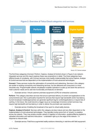 New Revenue Growth from Telco Cloud | APRIL 2016
© STL Partners EXECUTIVE BRIEFING 4
Figure 2: Overview of Telco Cloud categories and services
Source: STL Partners analysis
The first three categories (Connect; Perform; Capture, Analyse & Control) shown in Figure 2 are network-
integrated services and this report explores these new propositions in detail. The three categories have
different levels of complexity, with Connect services more readily implementable that some Capture, Analyse
& Control services that are dependent on the implementation of more advanced technologies.
Connect: These services involve the optimisation of connectivity and networking. Services in this category
are similar to existing connectivity and networking services, but are delivered and consumed in a more
cloud-like way. Programmable network virtualisation enables operators to scale up and down the service to
meet customer needs and to add new functionality and features on-demand.
 Example service: Virtual customer premises equipment (vCPE) for enterprise customers.
Perform: This category describes services that ensure optimised delivery of content and applications to the
consumer/end-user; this is particularly important for services that require high bandwidth and/or low-latency.
Current broadcast models/approaches can generate significant lag for content/applications or require lots of
caching. In the future, this could become a bigger issue as increasingly immersive content services may
require high bandwidth and low-latency in order to deliver the promised user experience.
 Example service: Enabling the broadcast of live sport to virtual reality devices.
Capture, Analyse & Control: Services within this category are less mature and are often dependent on the
implementation of more advanced technologies. They typically involve some form of ‘smarts’ or analytics
across the network. They may employ smarter upload or ingestion of information, analytics/filtering applied to
uploaded information and real-time instructions – undertaken right up to the edge of the network – in
response to inbound data.
 Example service: Field force augmented reality solutions interacting in real-time with field equipment.
 