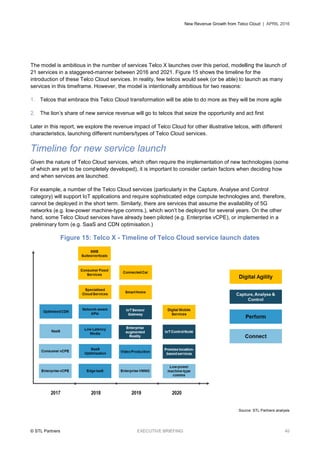 New Revenue Growth from Telco Cloud | APRIL 2016
© STL Partners EXECUTIVE BRIEFING 40
The model is ambitious in the number of services Telco X launches over this period, modelling the launch of
21 services in a staggered-manner between 2016 and 2021. Figure 15 shows the timeline for the
introduction of these Telco Cloud services. In reality, few telcos would seek (or be able) to launch as many
services in this timeframe. However, the model is intentionally ambitious for two reasons:
1. Telcos that embrace this Telco Cloud transformation will be able to do more as they will be more agile
2. The lion’s share of new service revenue will go to telcos that seize the opportunity and act first
Later in this report, we explore the revenue impact of Telco Cloud for other illustrative telcos, with different
characteristics, launching different numbers/types of Telco Cloud services.
Timeline for new service launch
Given the nature of Telco Cloud services, which often require the implementation of new technologies (some
of which are yet to be completely developed), it is important to consider certain factors when deciding how
and when services are launched.
For example, a number of the Telco Cloud services (particularly in the Capture, Analyse and Control
category) will support IoT applications and require sophisticated edge compute technologies and, therefore,
cannot be deployed in the short term. Similarly, there are services that assume the availability of 5G
networks (e.g. low-power machine-type comms.), which won’t be deployed for several years. On the other
hand, some Telco Cloud services have already been piloted (e.g. Enterprise vCPE), or implemented in a
preliminary form (e.g. SaaS and CDN optimisation.)
Figure 15: Telco X - Timeline of Telco Cloud service launch dates
Source: STL Partners analysis
 