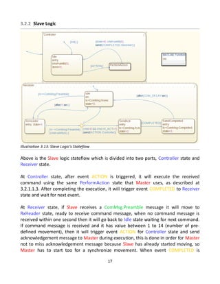 3.2.2 Slave Logic
Above is the Slave logic stateflow which is divided into two parts, Controller state and
Receiver state.
At Controller state, after event ACTION is triggered, it will execute the received
command using the same PerformAction state that Master uses, as described at
3.2.1.1.3. After completing the execution, it will trigger event COMPLETED to Receiver
state and wait for next event.
At Receiver state, if Slave receives a ComMsg.Preamble message it will move to
RxHeader state, ready to receive command message, when no command message is
received within one second then it will go back to Idle state waiting for next command.
If command message is received and it has value between 1 to 14 (number of pre-
defined movement), then it will trigger event ACTION for Controller state and send
acknowledgement message to Master during execution, this is done in order for Master
not to miss acknowledgement message because Slave has already started moving, so
Master has to start too for a synchronize movement. When event COMPLETED is
17
Illustration 3.13: Slave Logic's Stateflow
 